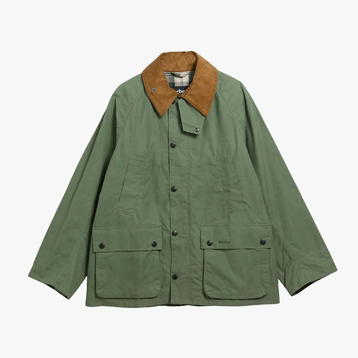 Olive green Barbour jacket with brown corduroy collar and front snap-button pockets.