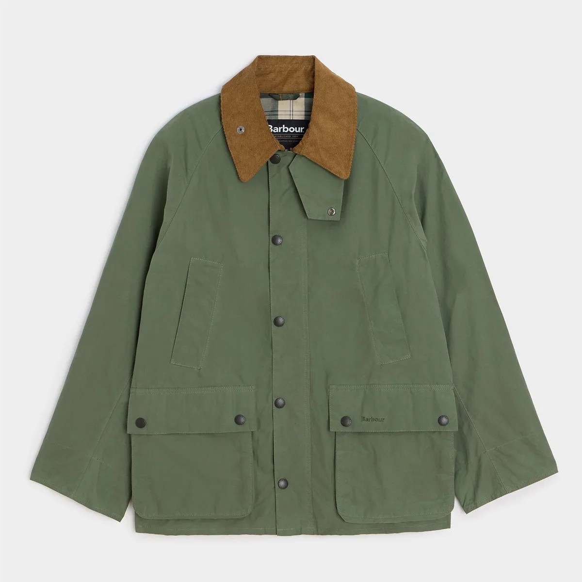 Olive green Barbour jacket with brown corduroy collar and front snap button pockets.