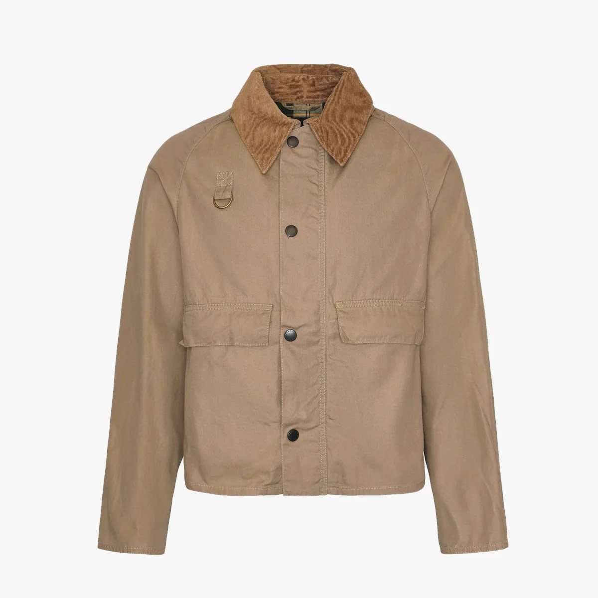 Light brown jacket with corduroy collar, snap buttons, two front flap pockets, and a small metal ring detail on the chest.