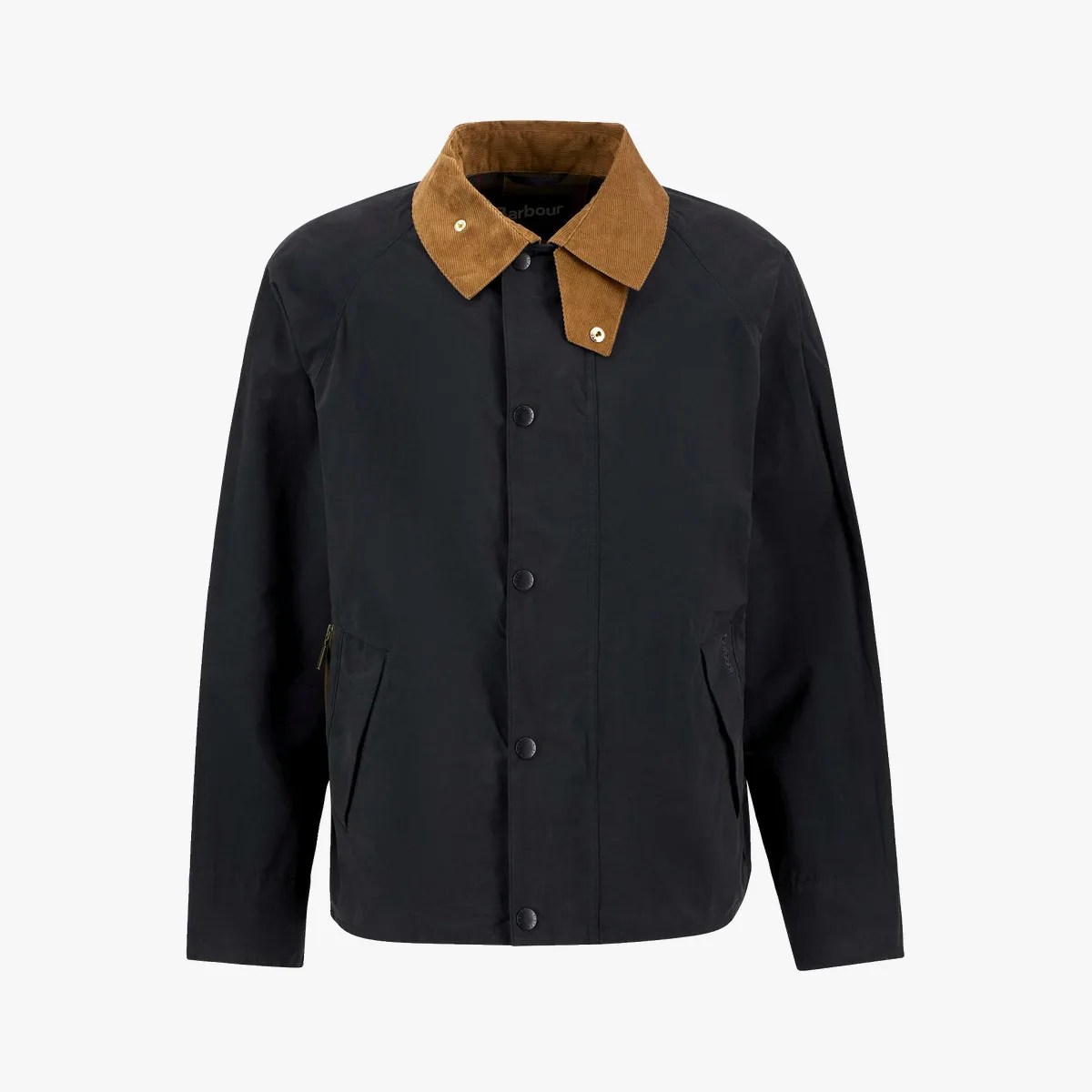 Black jacket with brown corduroy collar and front snap buttons.