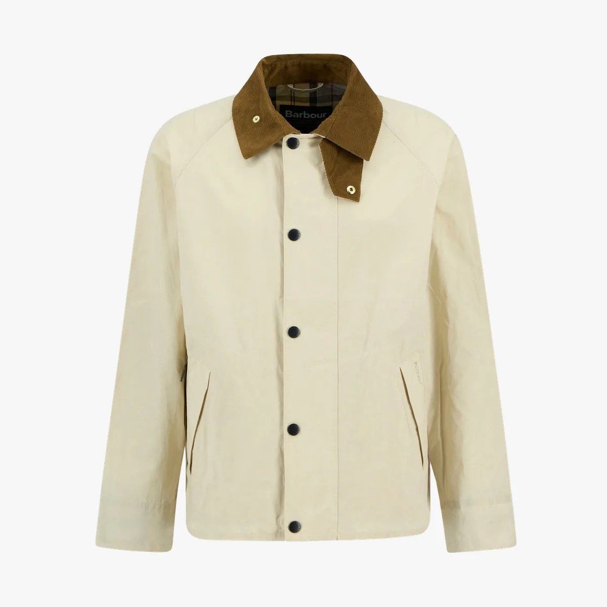 Beige jacket with brown corduroy collar and black snap buttons.