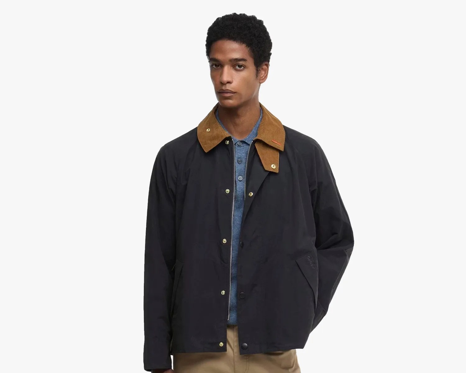 Black jacket with brown corduroy collar and gold snap buttons worn over a blue shirt.