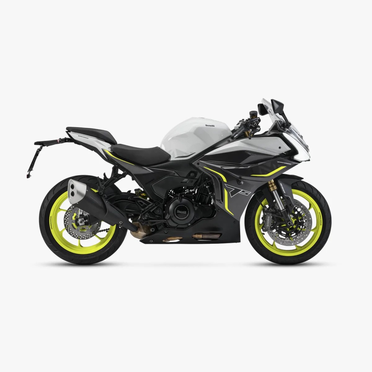 White and black sport motorcycle with neon yellow wheel rims and accents, shown from the right side.