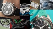 Collage of various wristwatches including a silver chronograph with black leather strap, digital watch with metal case, gold rectangular watch with Roman numerals, blue dial watch with metal bracelet, green dial chronograph, black tactical watch with red strap, and a close-up of a Hamilton watch with a turquoise strap.