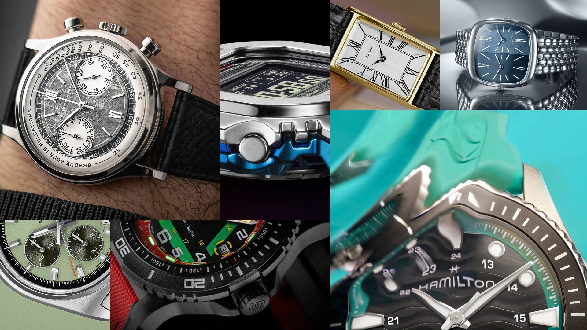 Collage of various wristwatches including a silver chronograph with black leather strap, digital watch with metal case, gold rectangular watch with Roman numerals, blue dial watch with metal bracelet, green dial chronograph, black tactical watch with red strap, and a close-up of a Hamilton watch with a turquoise strap.