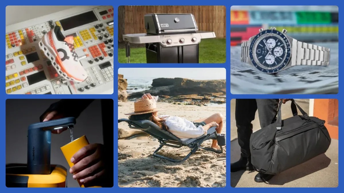 Collage of six images showing a white and orange running shoe on a control panel, a black and silver outdoor grill on grass, a silver wristwatch with a blue dial on a newspaper, a black water dispenser pouring into a yellow cup, a person reclining on a portable beach chair on sand, and a black duffel bag held by a person standing on pavement.