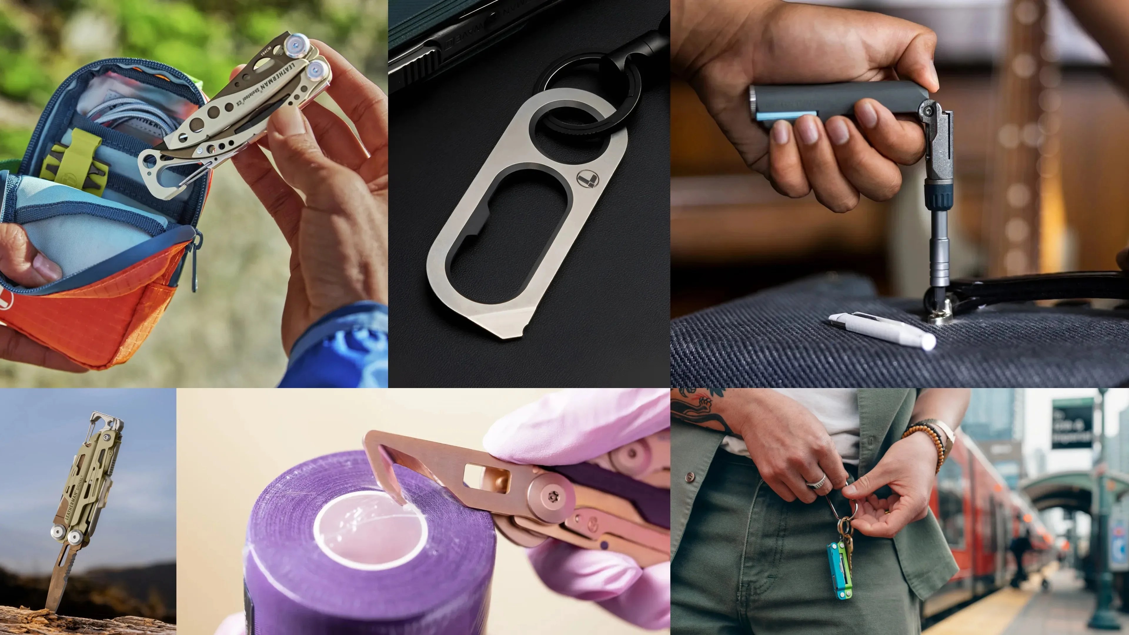 Collage of six images showing various multitools and keychain tools in use or held, including a Leatherman multitool, a metal keychain bottle opener, a hand using a compact screwdriver, a multitool stabbed into wood, a multitool cutting tape, and a person holding a keychain multitool near a train station.