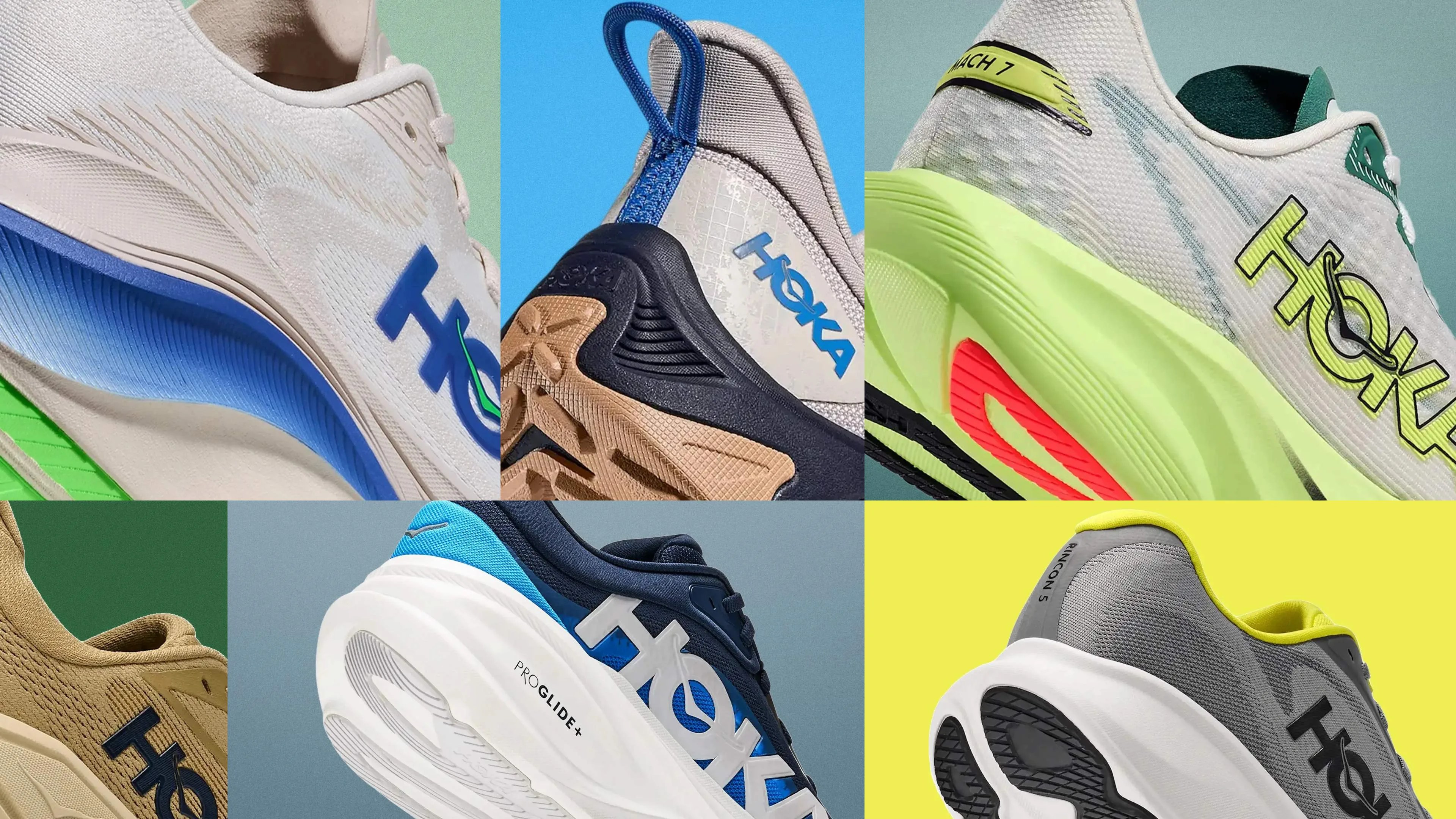 Collage of six close-up views of Hoka running shoes in various colors and designs, showing side and heel details.