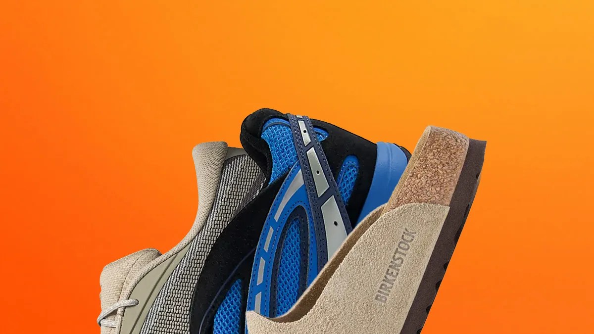 Three shoes stacked side by side: beige Birkenstock suede clog, blue and black mesh sneaker, and beige mesh sneaker.