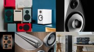 Collage of various modern and vintage speakers in different colors, shapes, and settings, including bookshelf, floor-standing, and close-up designs.