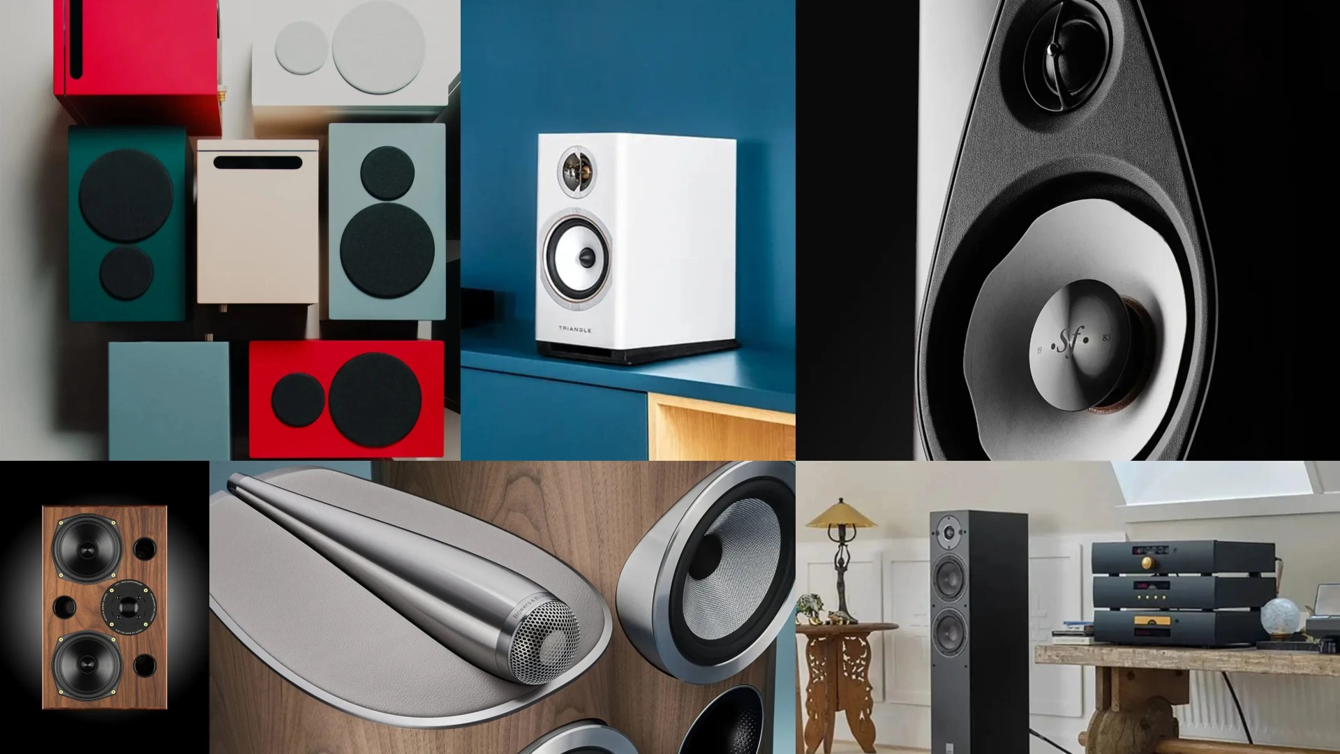 Collage of various modern and vintage speakers in different colors, shapes, and settings, including bookshelf, floor-standing, and close-up designs.