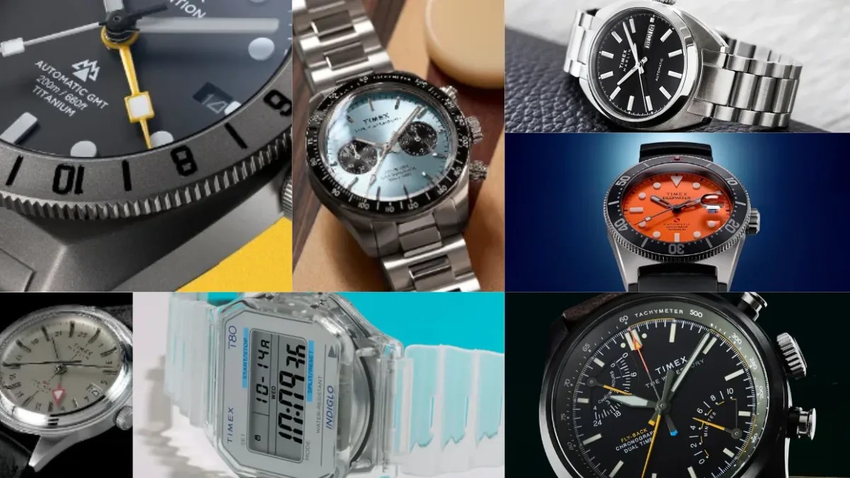 Collage of seven Timex watches including a titanium GMT, stainless steel chronograph, black dial automatic, orange dive watch, vintage style analog, clear digital watch, and black tachymeter chronograph.