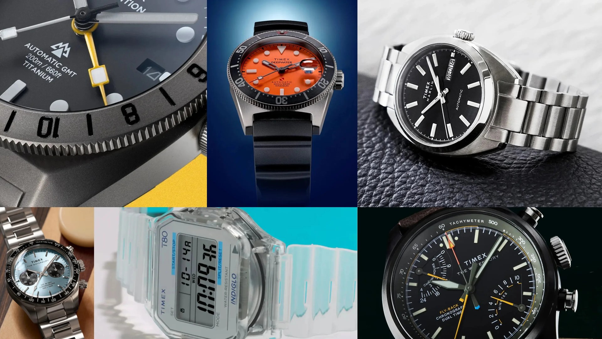 Close-up of six different Timex watches including automatic GMT titanium, orange dial diver, stainless steel bracelet, chronograph, digital with clear strap, and black dial chronograph.