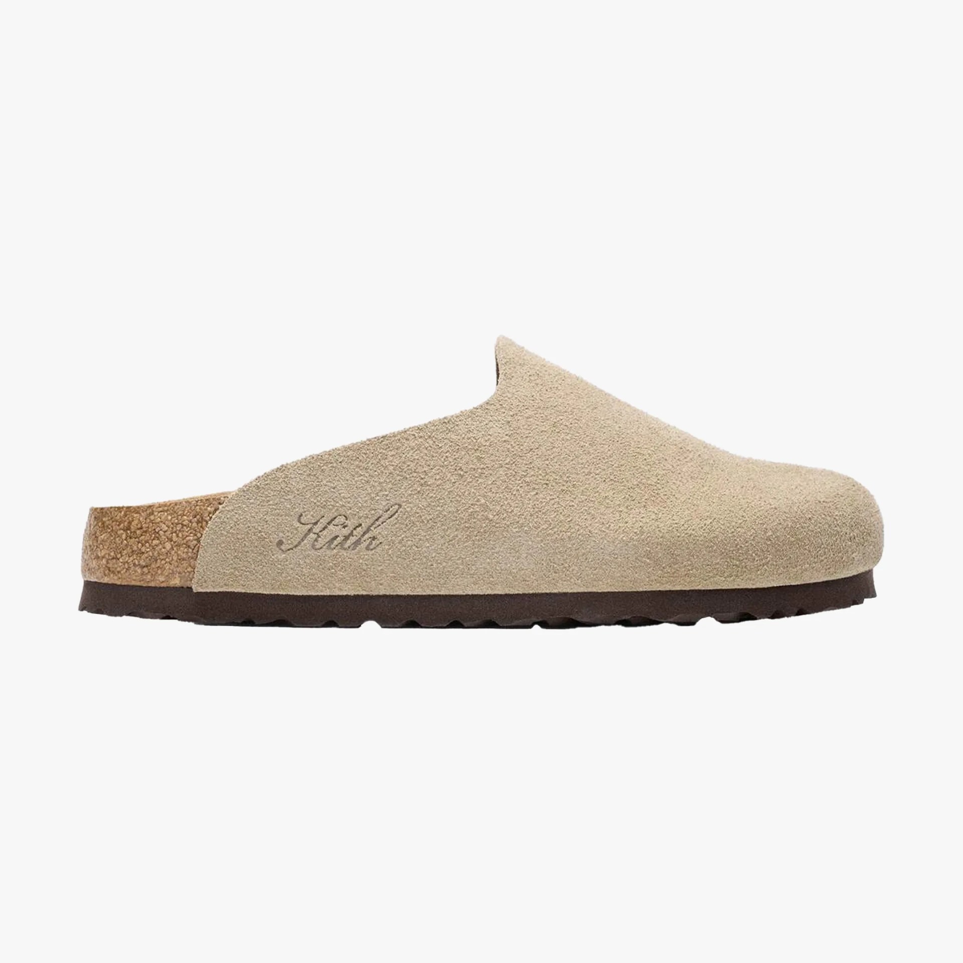 Beige suede slip-on clog with cork footbed and dark brown sole, featuring "Kith" branding on the side.