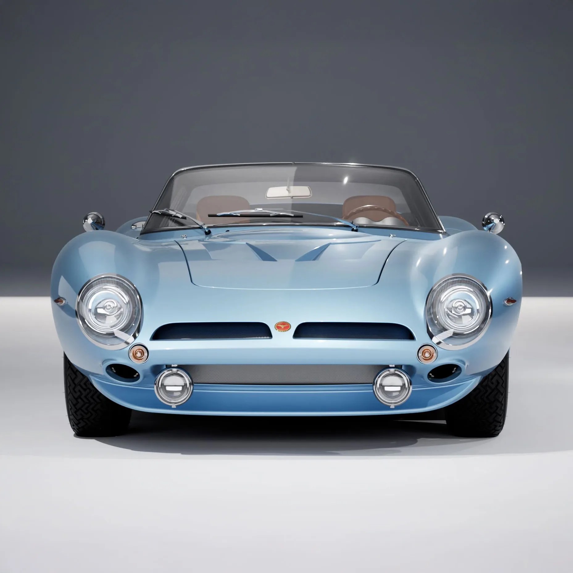 Light blue vintage convertible car front with round headlights and brown interior seats.