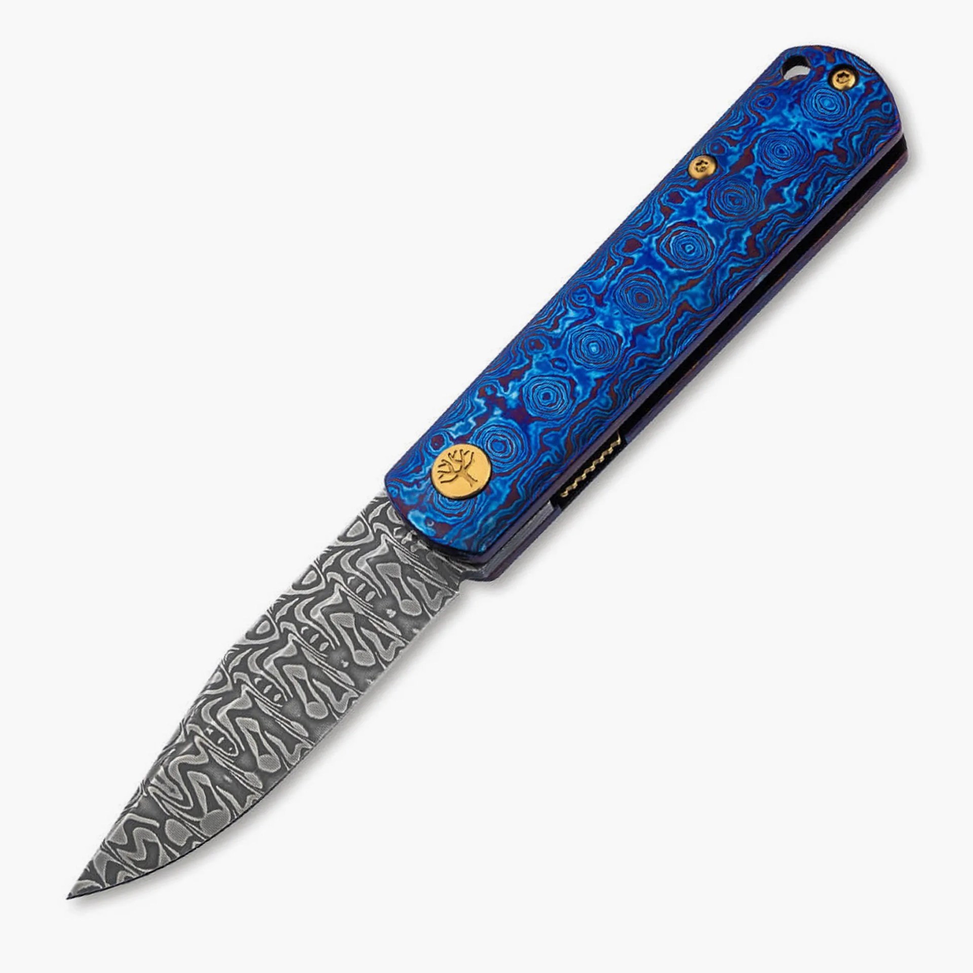 Folding knife with a patterned Damascus steel blade and a blue handle featuring circular textured designs and gold screws.