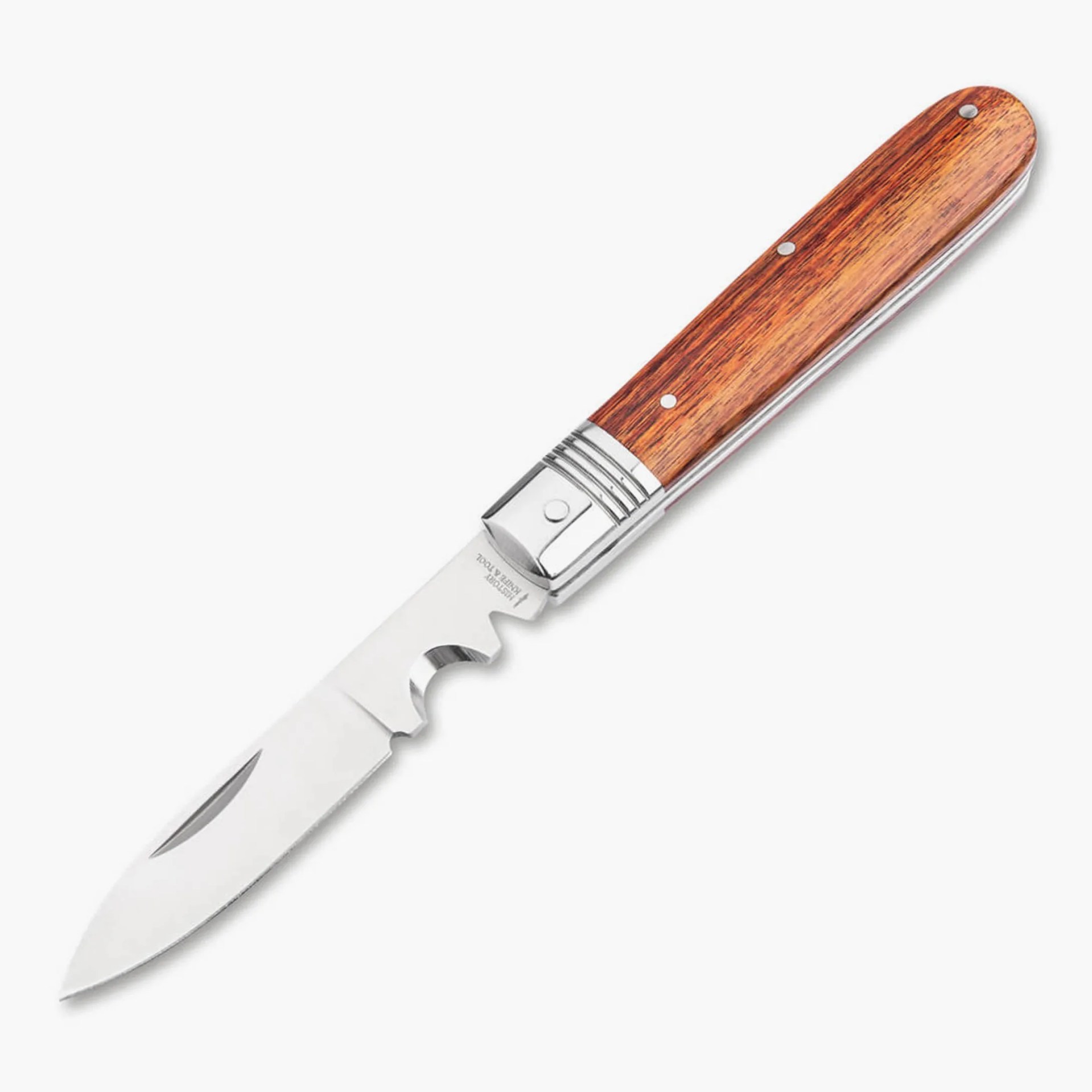 Knife with a polished wooden handle and a stainless steel blade featuring multiple cutouts.