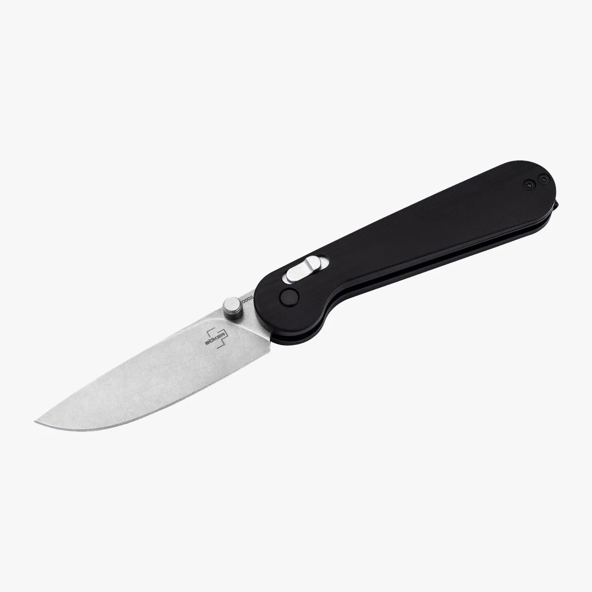 Folding knife with a stonewashed stainless steel blade and a black handle featuring a silver lock switch.