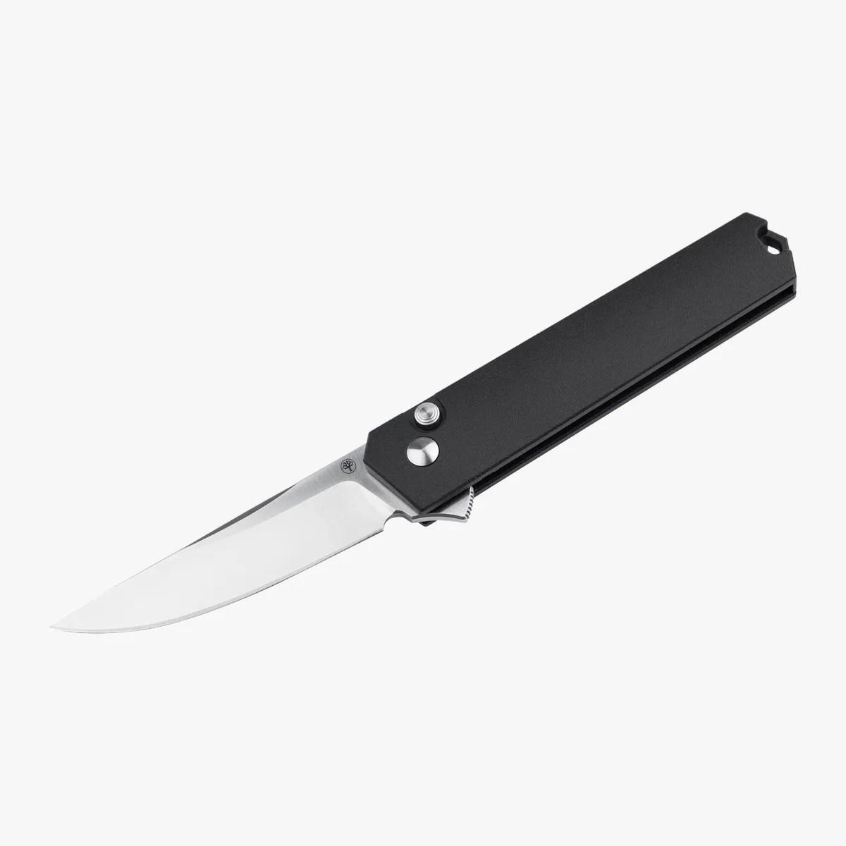 Folding knife with a sleek black rectangular handle and a polished stainless steel blade.