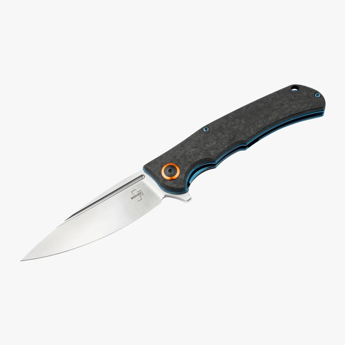 Folding knife with a silver blade, black textured handle, blue liner, and orange pivot ring.