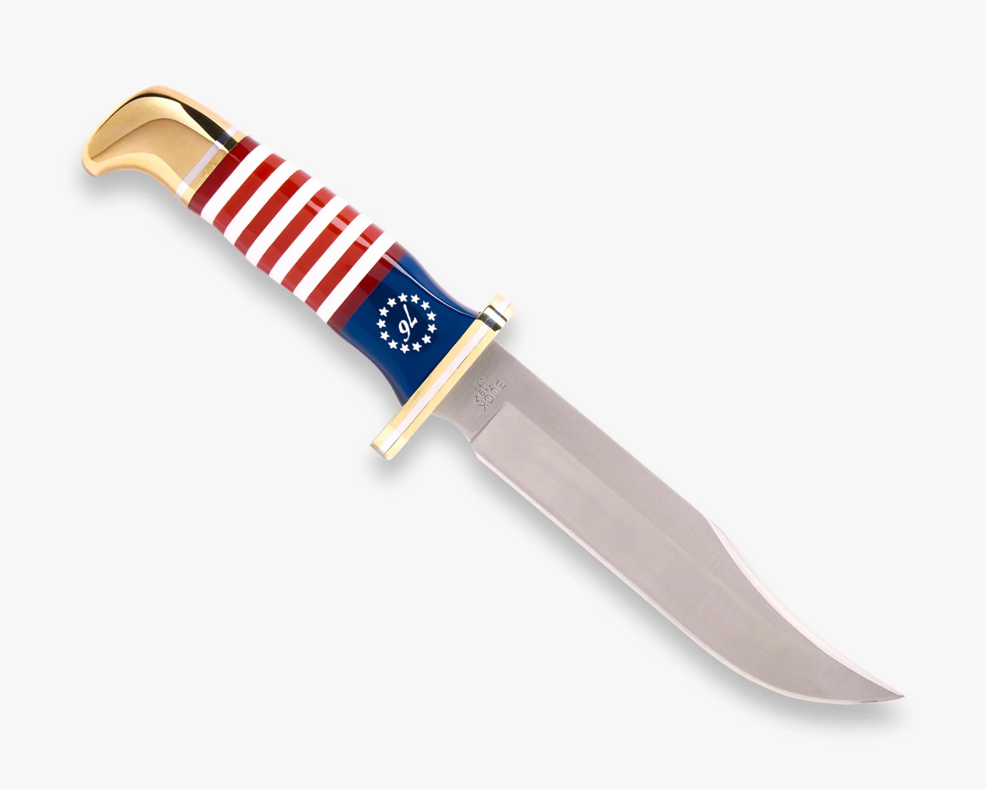 Knife handle with red and white stripes, blue section with white stars and "76," and a gold pommel and guard.