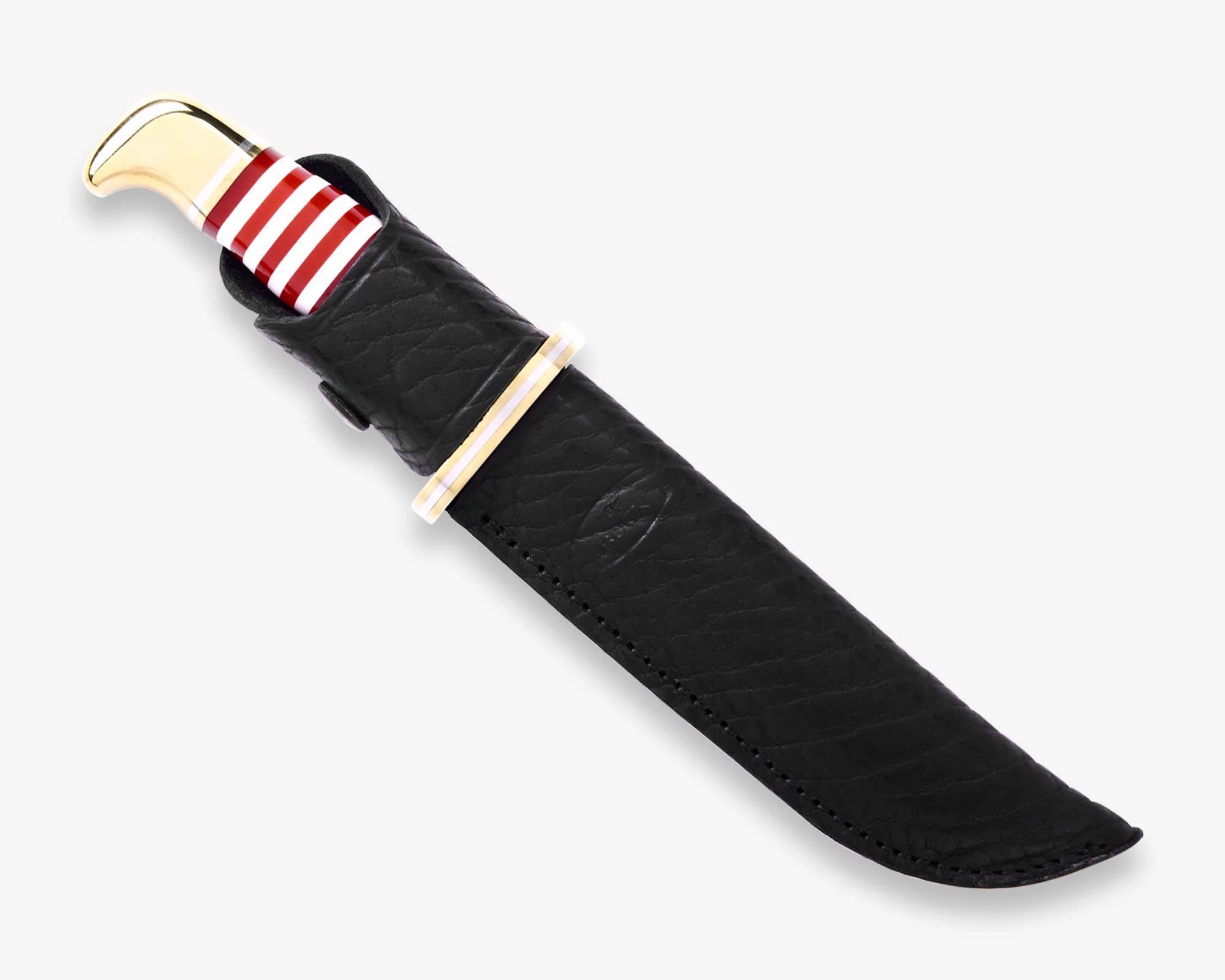 Black leather sheath with a gold and red-striped knife handle partially visible.