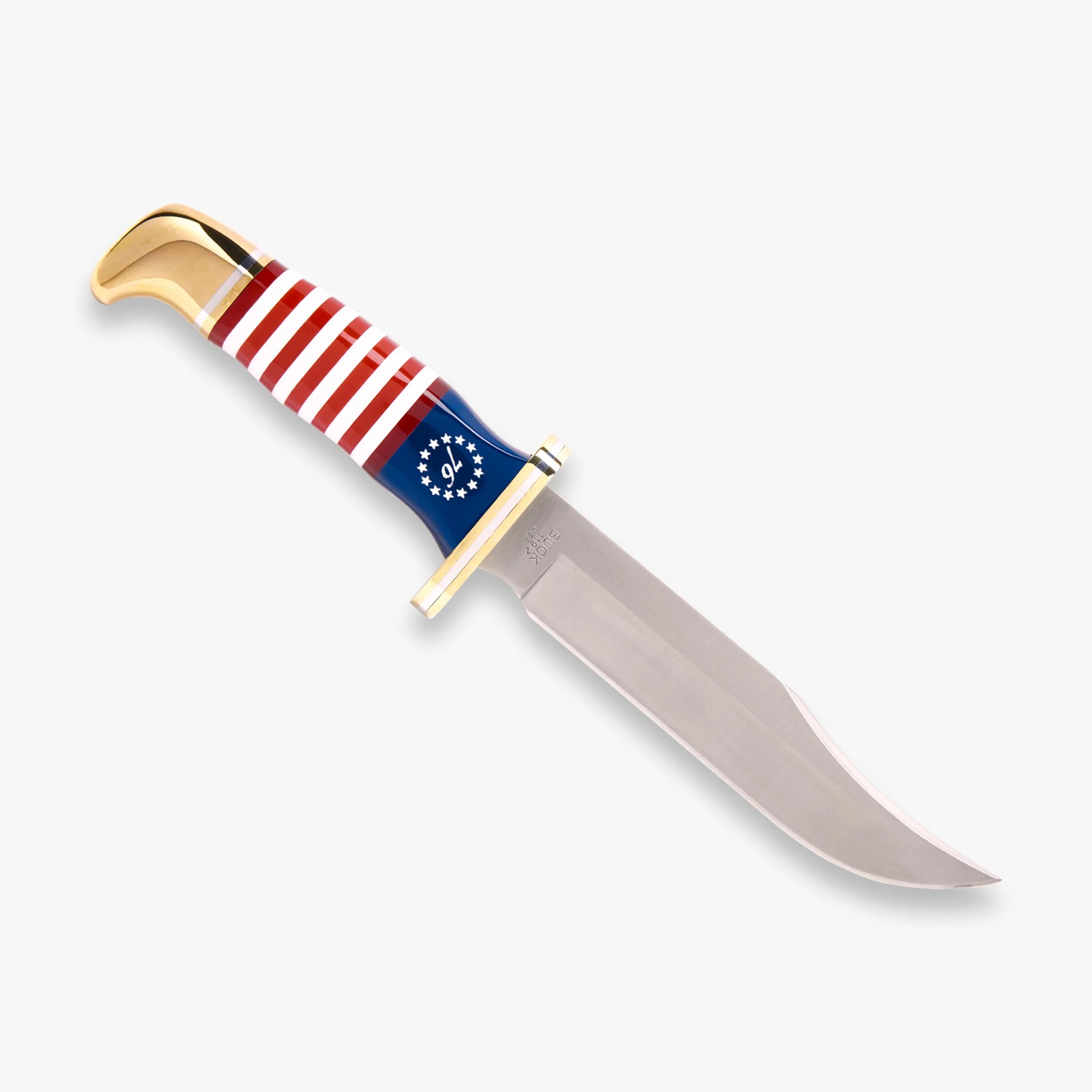 Knife handle with red and white stripes, blue section with white stars and "76" emblem, and gold-toned pommel and guard.