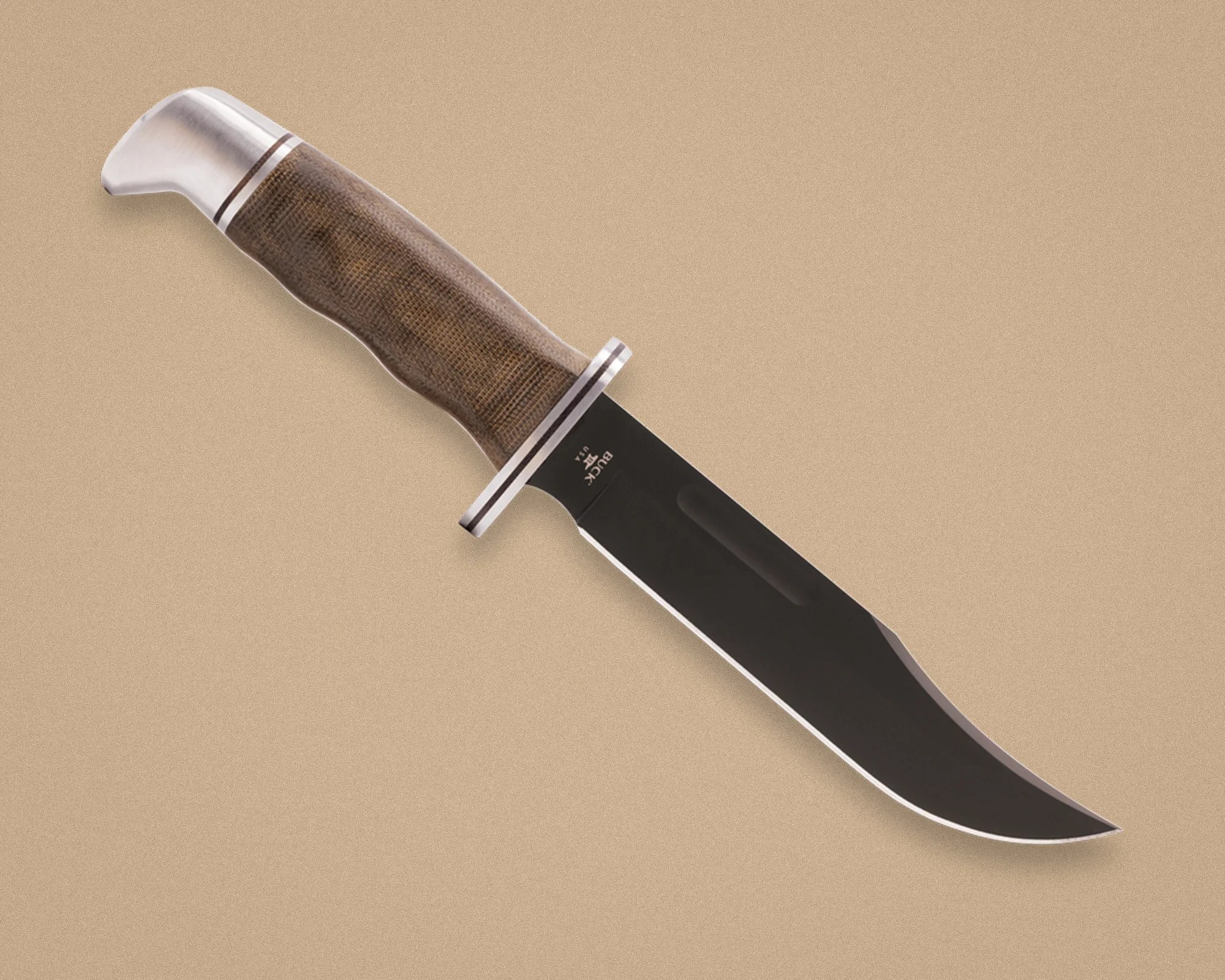 Knife with a brown textured handle and a black blade marked "BUCK 119 USA" on a beige background.
