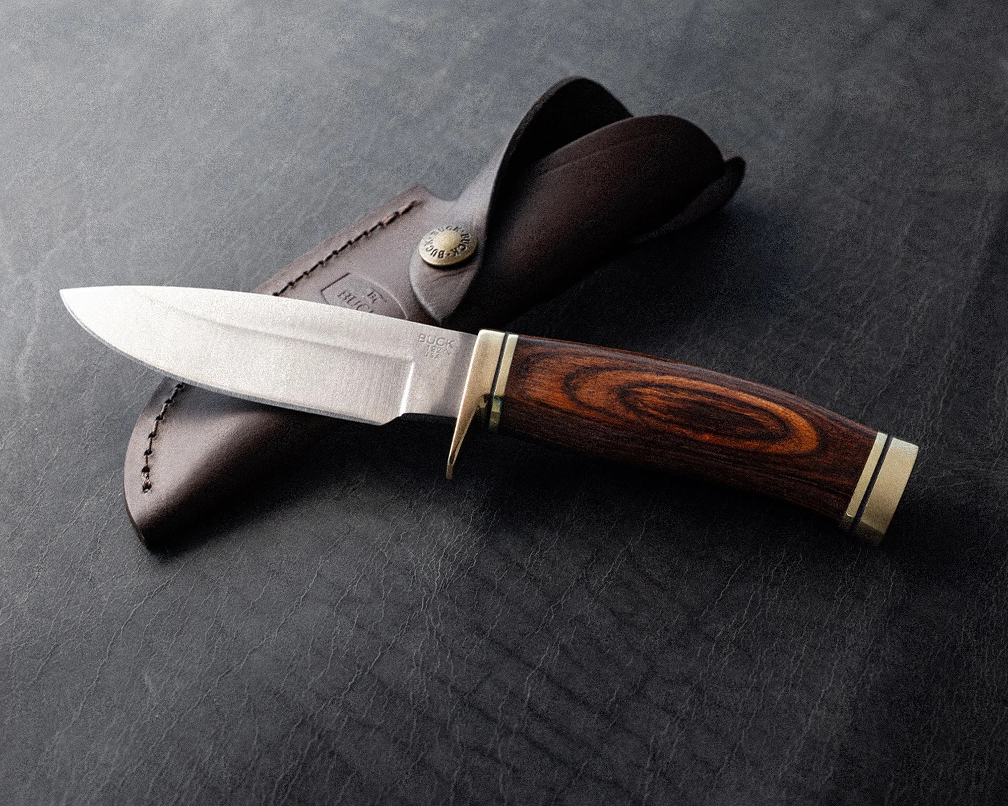 Fixed-blade Buck knife with polished steel blade and wooden handle resting on a dark leather sheath.