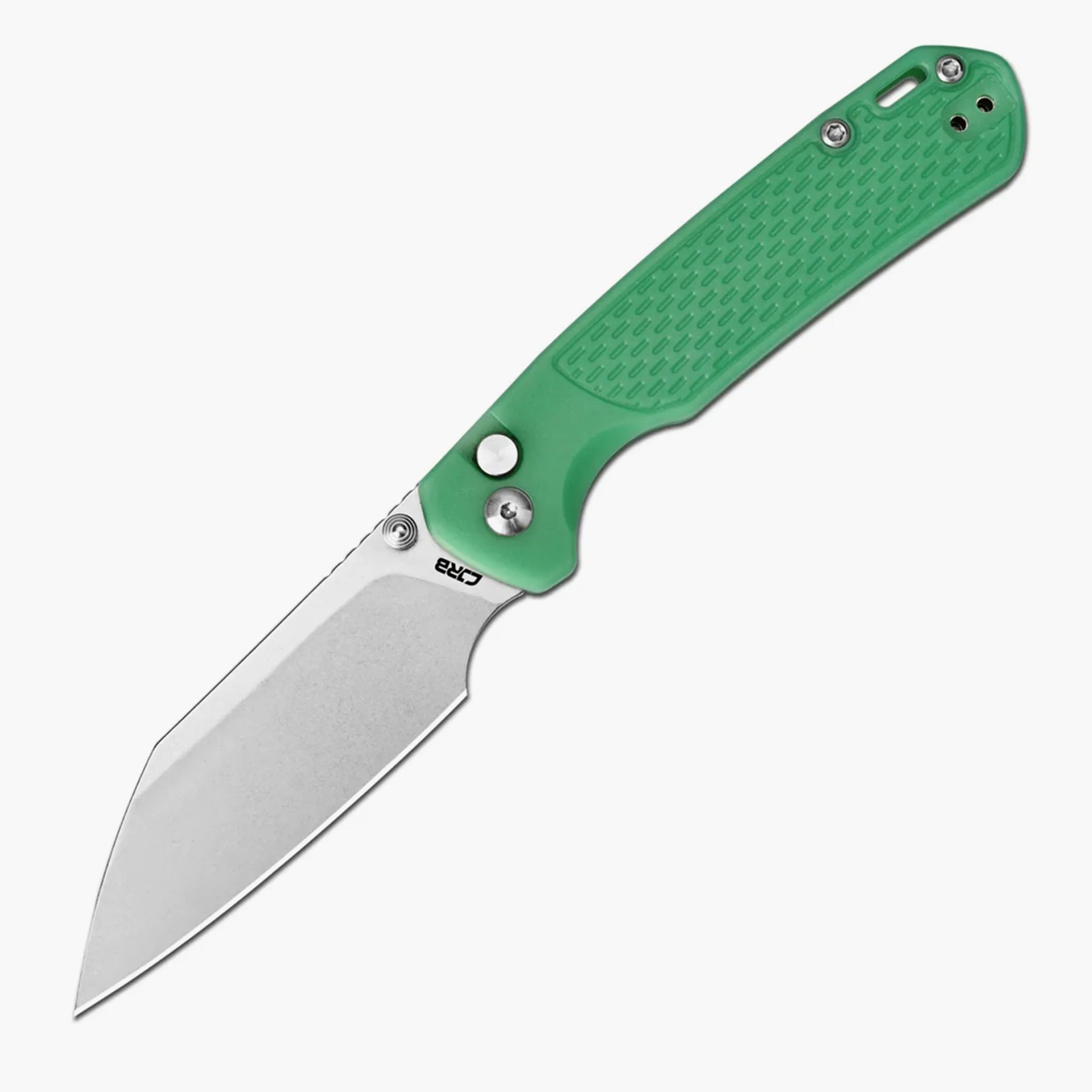 Partially visible folding knife with a green textured handle and a stainless steel blade.