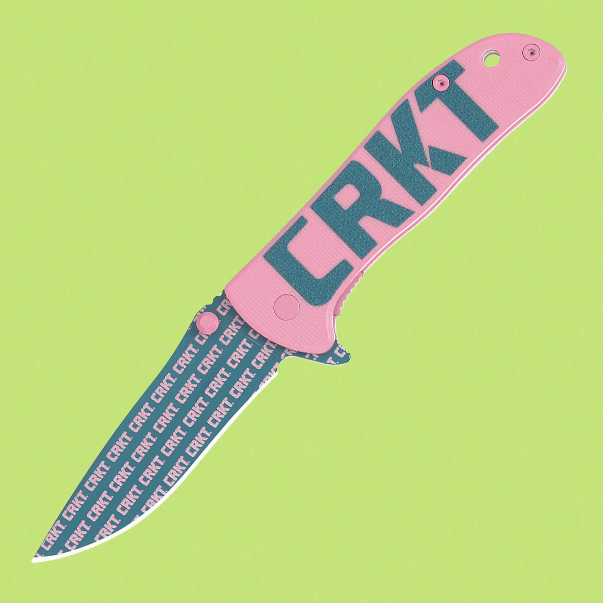Knife with a pink handle featuring large blue "CRKT" text and a blue blade patterned with repeated pink "CRKT" text.