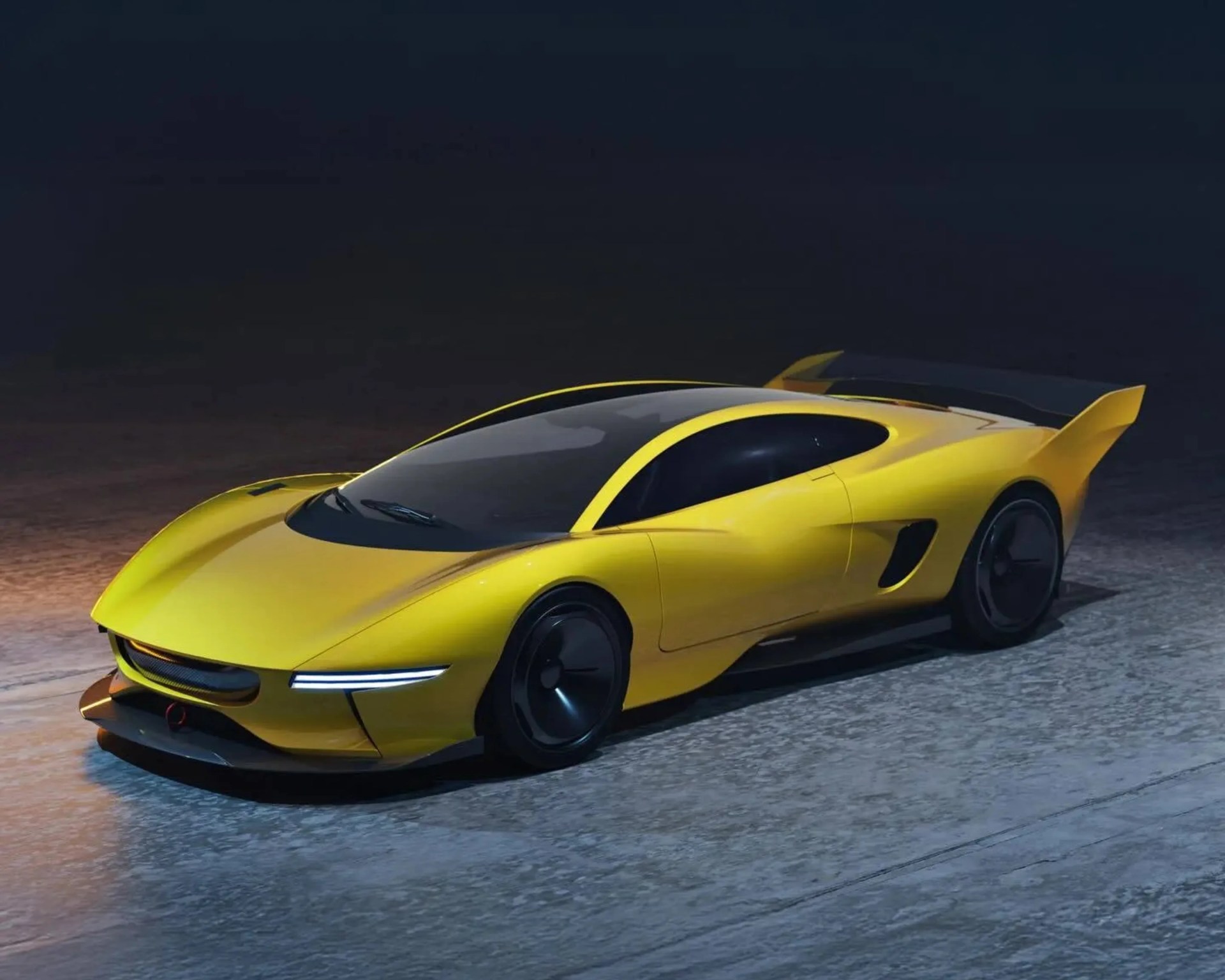 Yellow futuristic sports car with sleek aerodynamic design and black tinted windows on a textured surface.