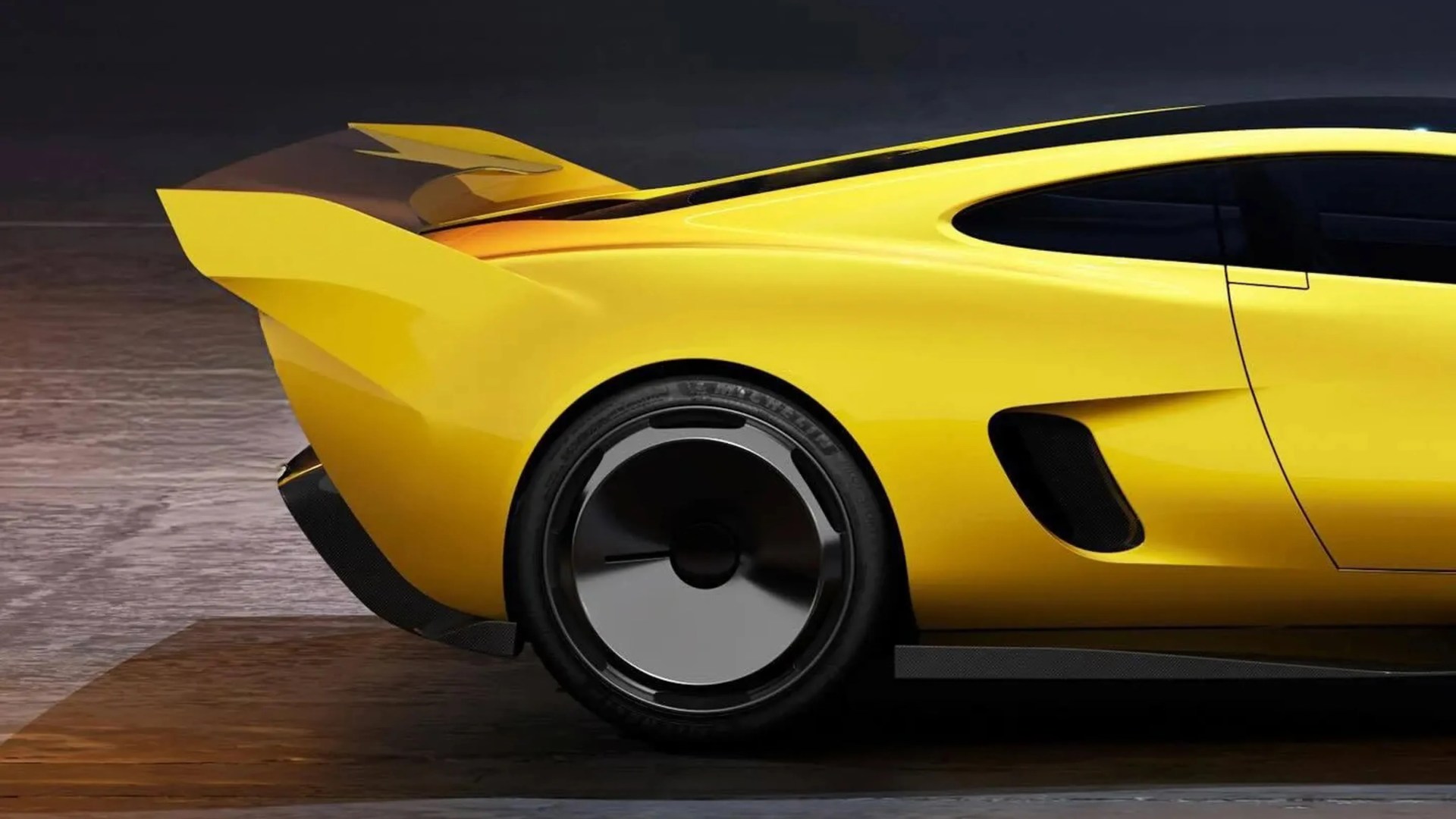 Rear side view of a yellow sports car with a large rear spoiler and black aerodynamic wheel covers.