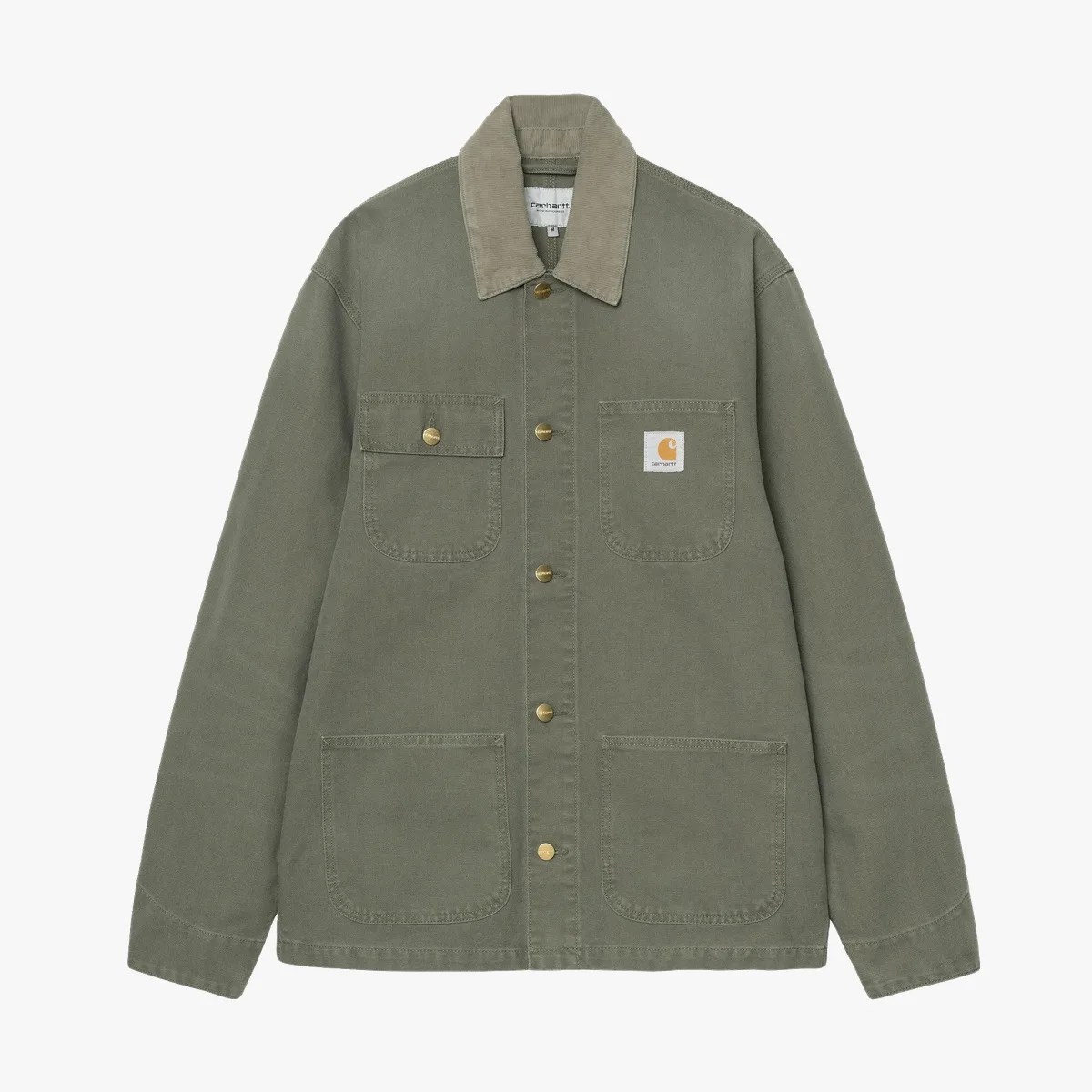 Olive green Carhartt jacket with corduroy collar, four front pockets, and brass snap buttons.