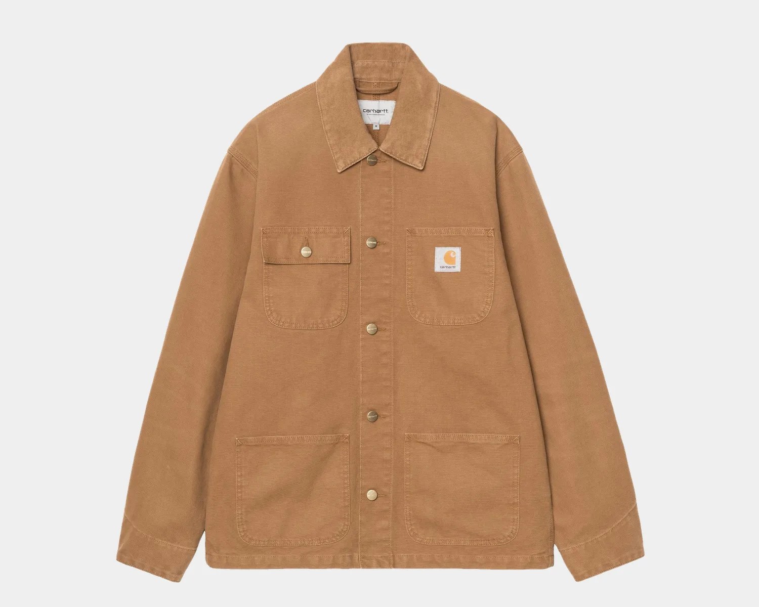 Brown Carhartt chore jacket with four front pockets and metal snap buttons.