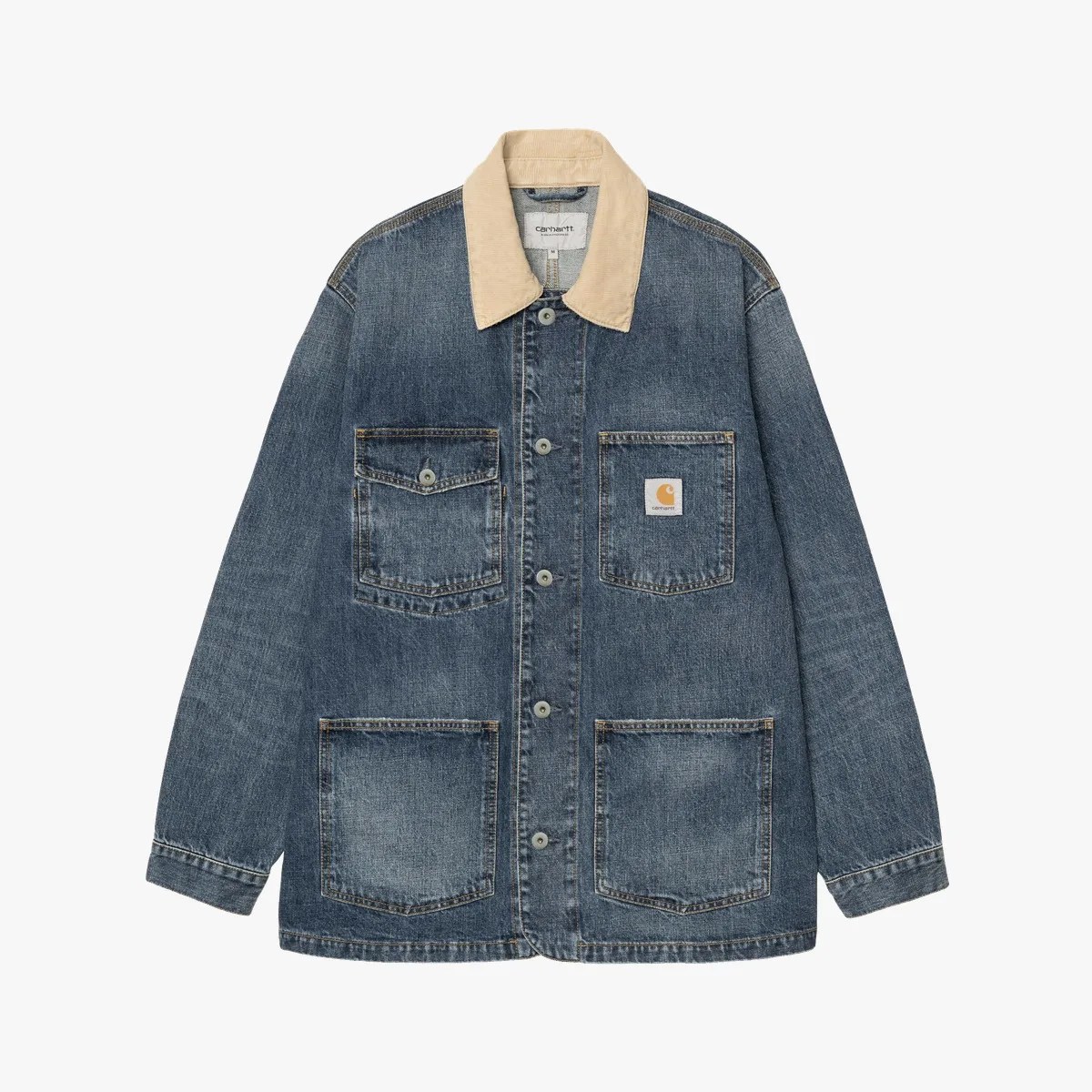 Blue denim jacket with beige corduroy collar and four front pockets, one with Carhartt logo patch.