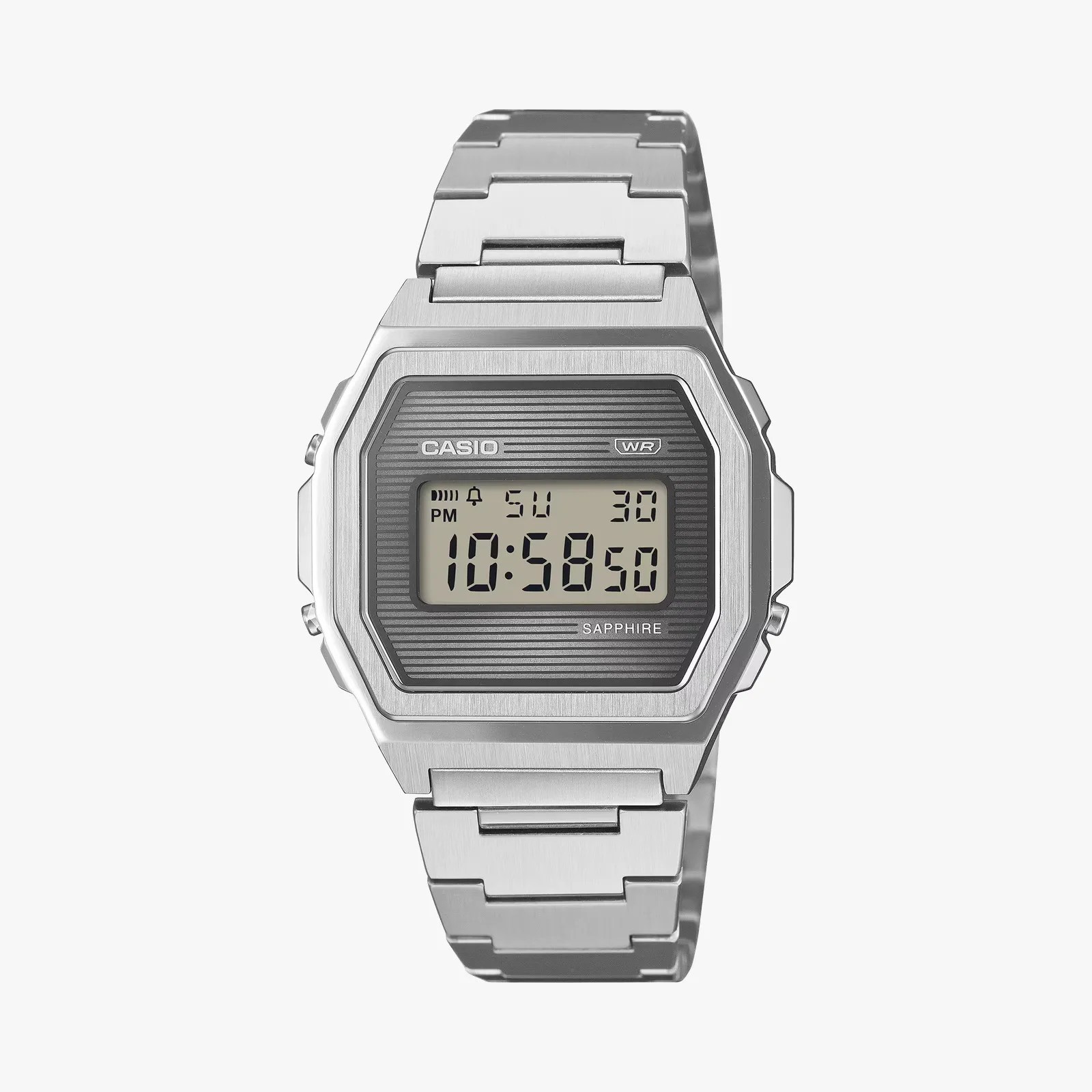 Silver Casio digital wristwatch with rectangular face and metal link band.