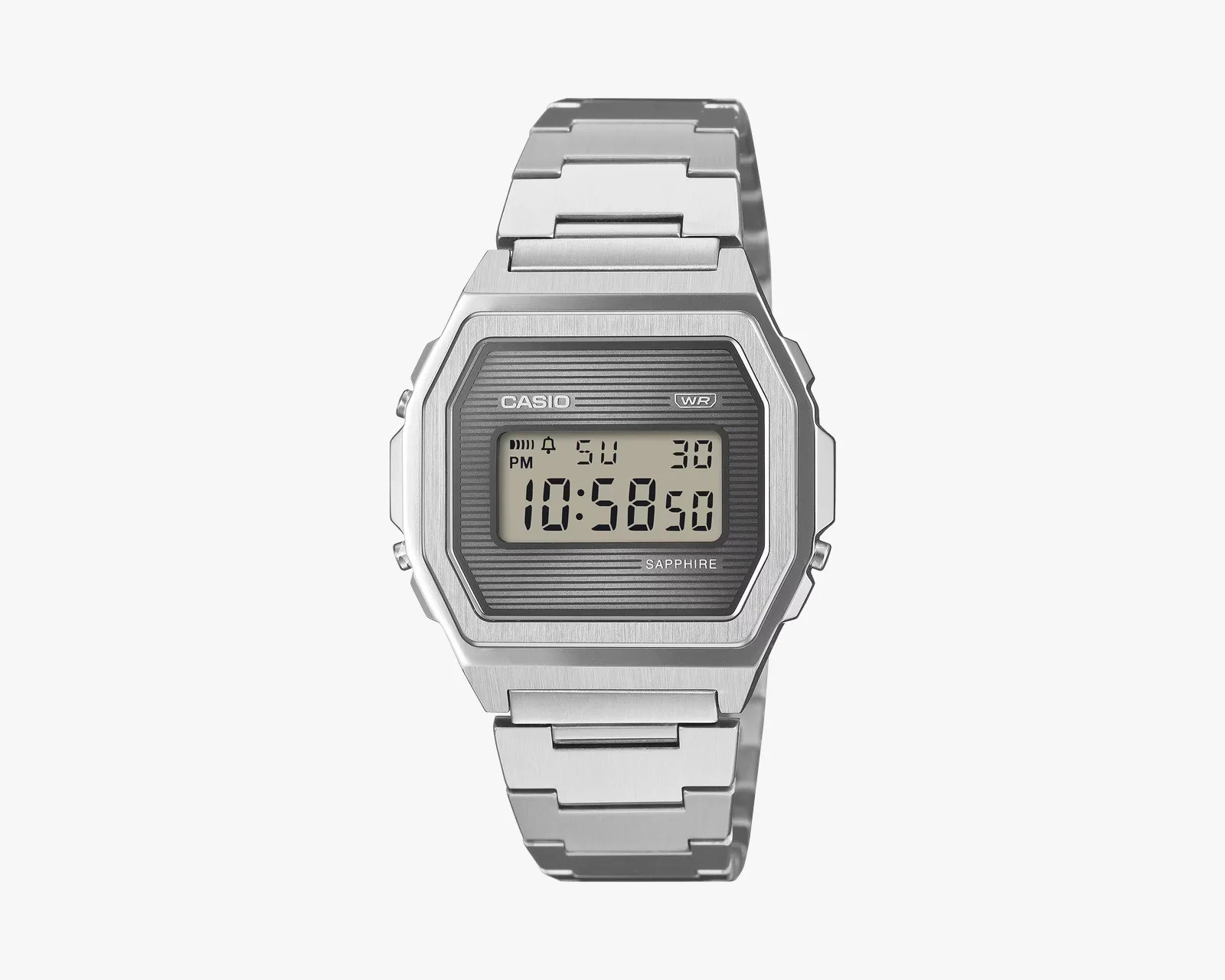 Silver Casio digital wristwatch with a rectangular face and metal link band.