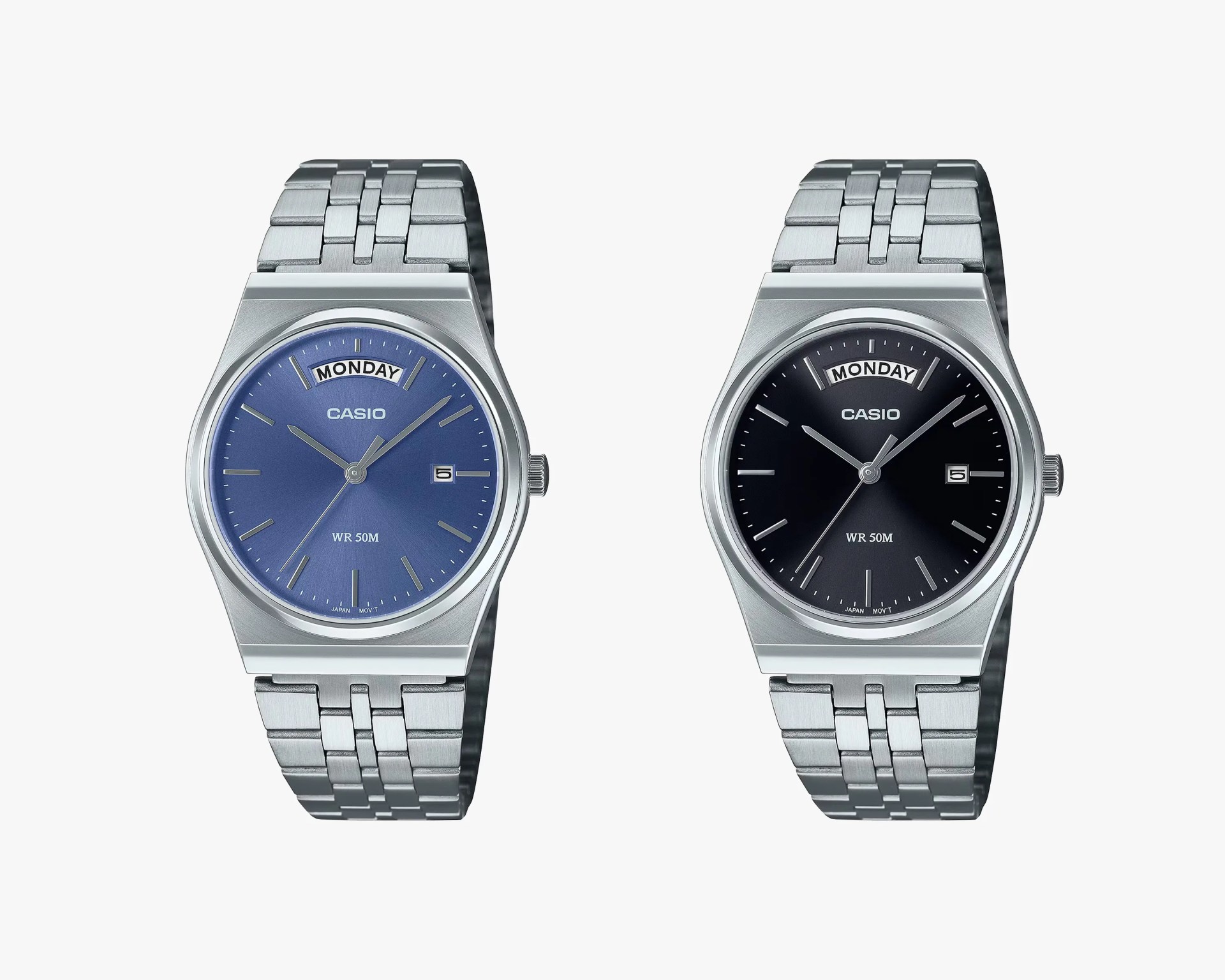 Two Casio wristwatches with stainless steel bands, one with a blue dial and one with a black dial, both showing day and date.