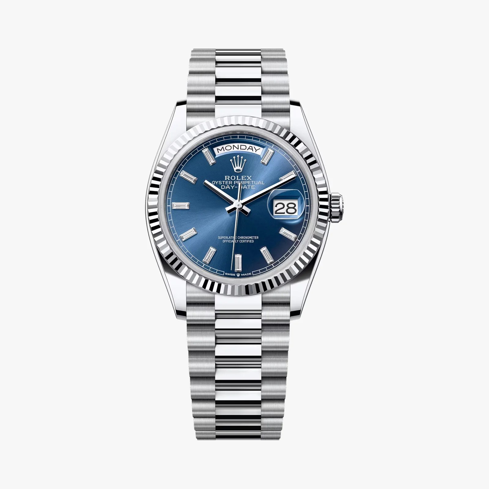 Rolex Oyster Perpetual Day-Date watch with blue dial, baguette diamond hour markers, fluted bezel, and silver metal bracelet.