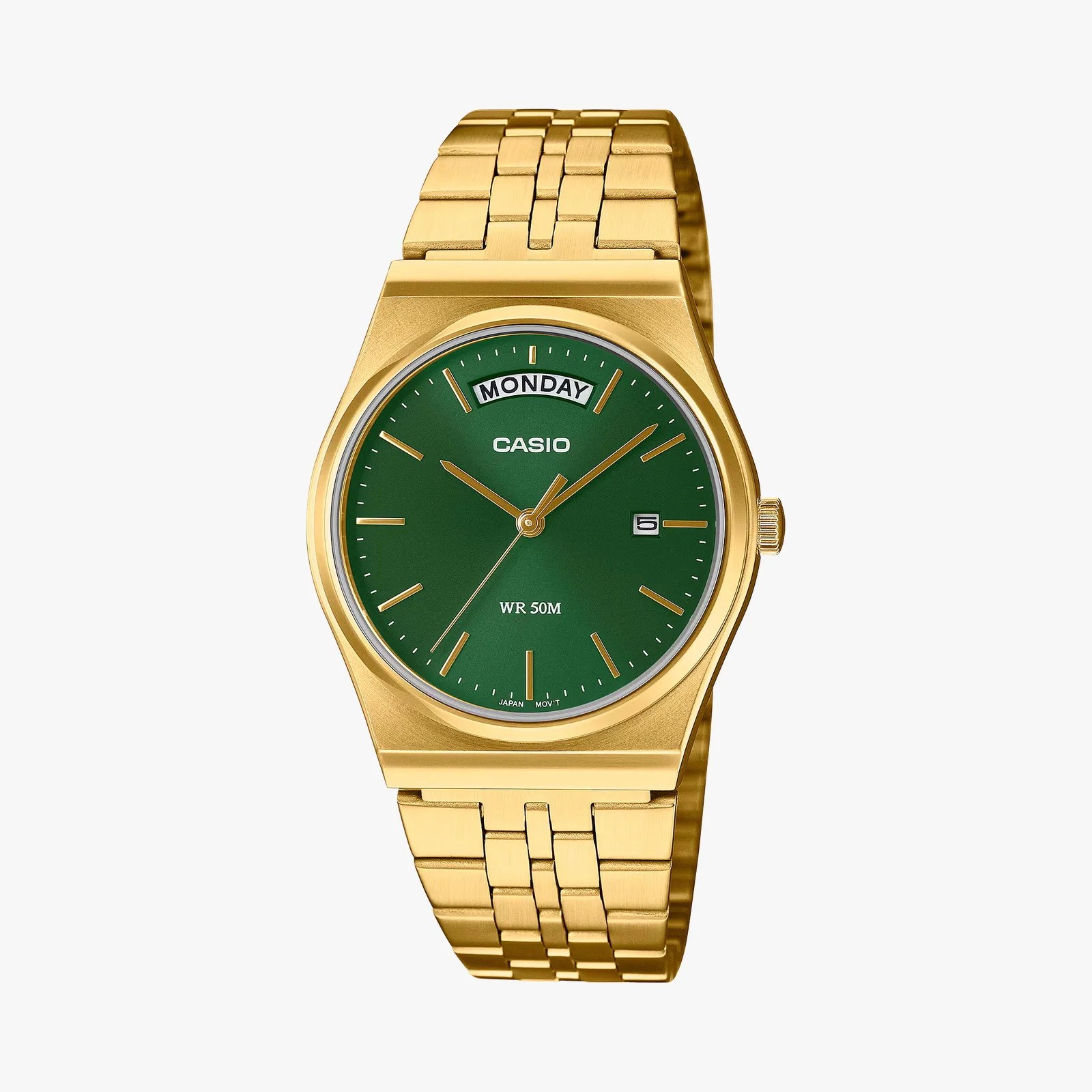 Gold metal Casio wristwatch with green dial showing day and date.