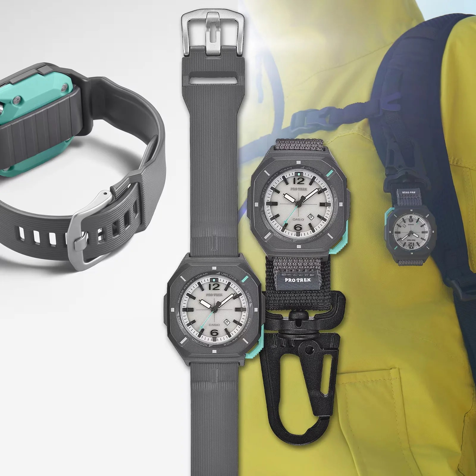 Gray Casio Pro Trek watch with a white dial and black nylon strap clipped to a yellow jacket, alongside a gray rubber strap.