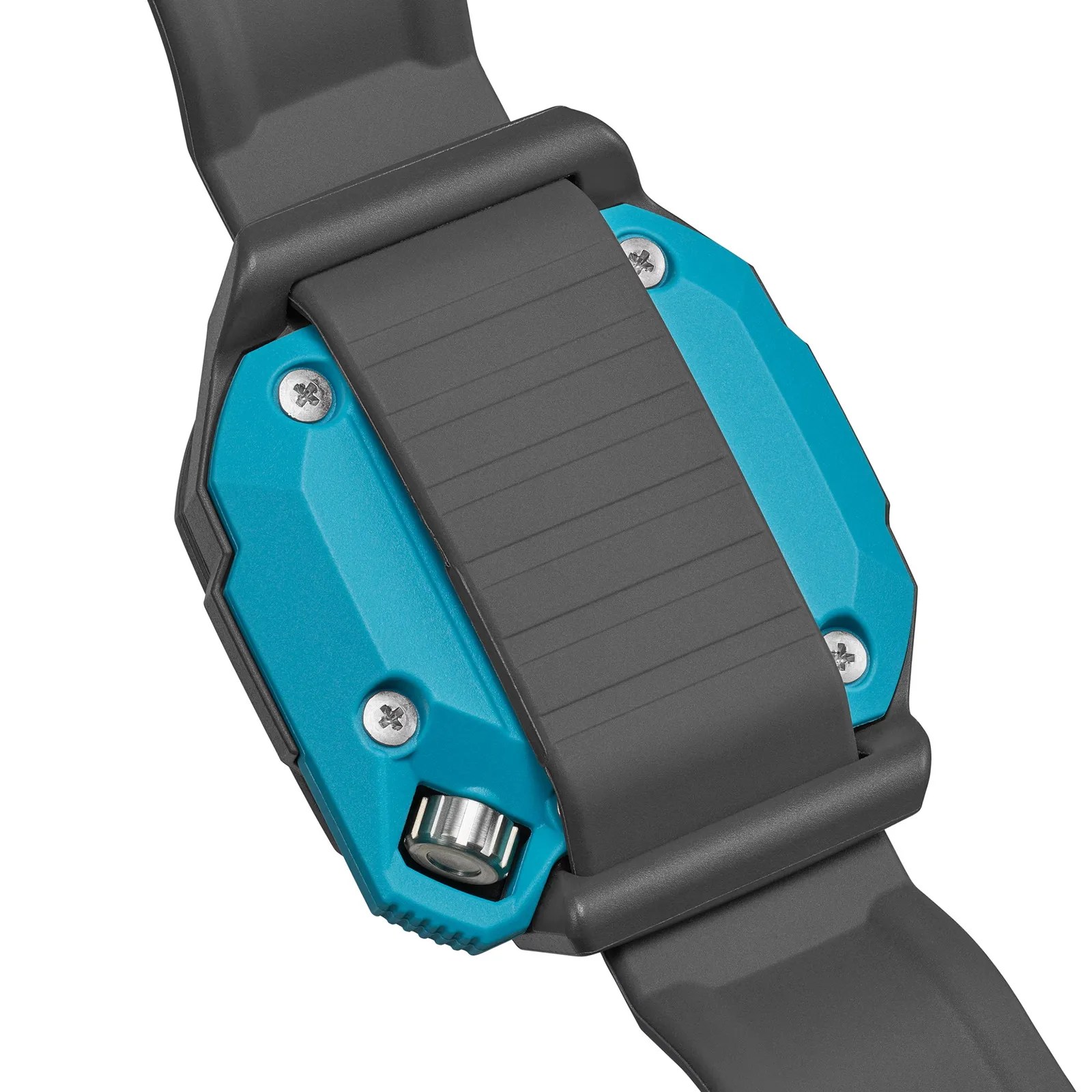 Close-up of a black and blue adjustable strap with metal screws and a silver adjustment knob.