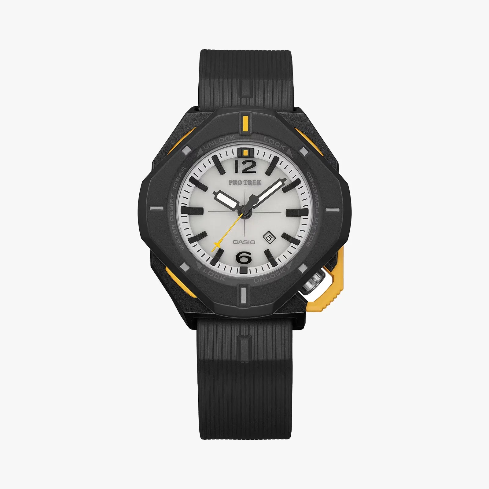 Black Casio Pro Trek watch with white dial, yellow second hand, and black rubber strap.