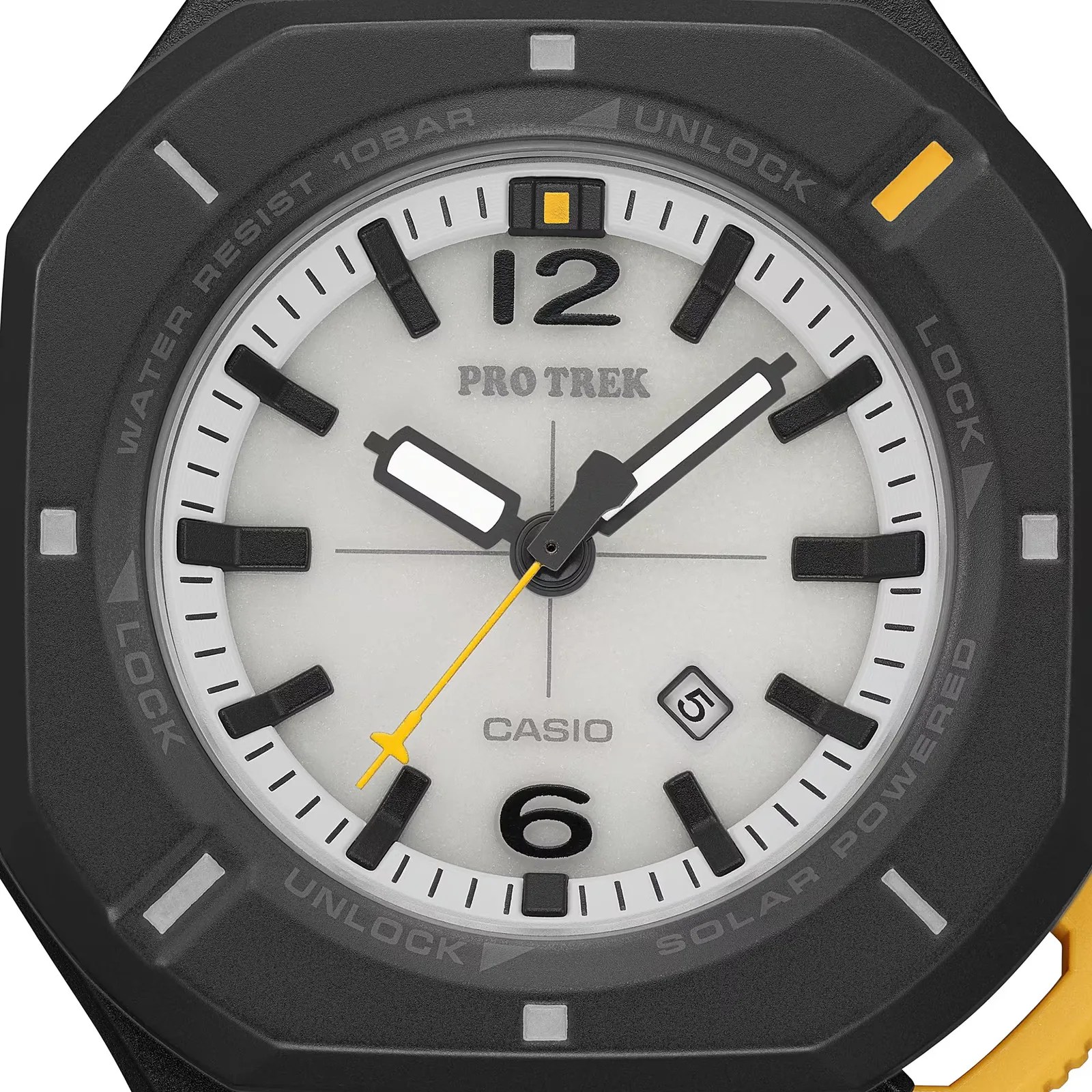 Close-up of a Casio Pro Trek watch face with black hour markers, white hands, and a yellow second hand.