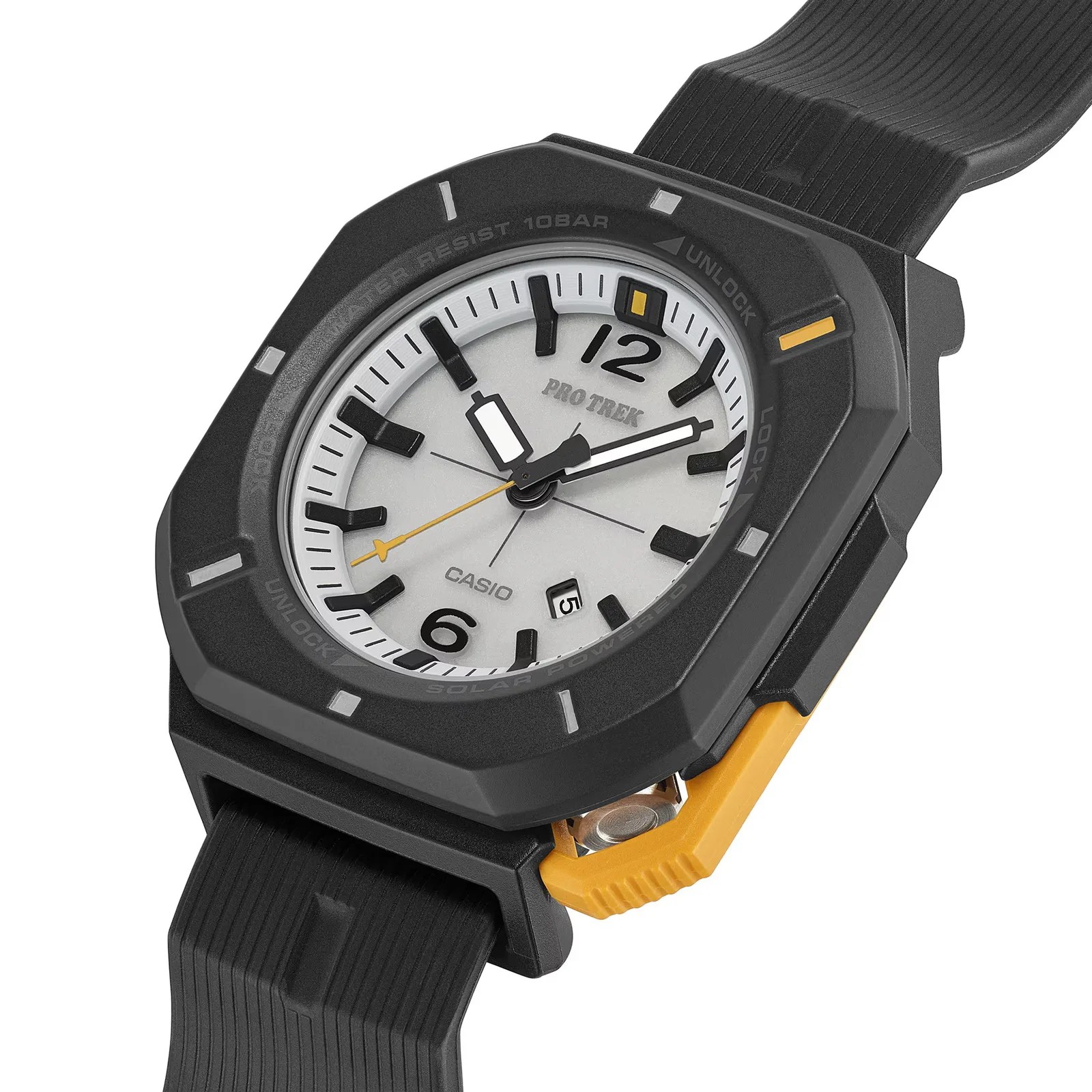 Black and yellow Casio Pro Trek watch with white dial and black hour markers on a black ribbed strap.