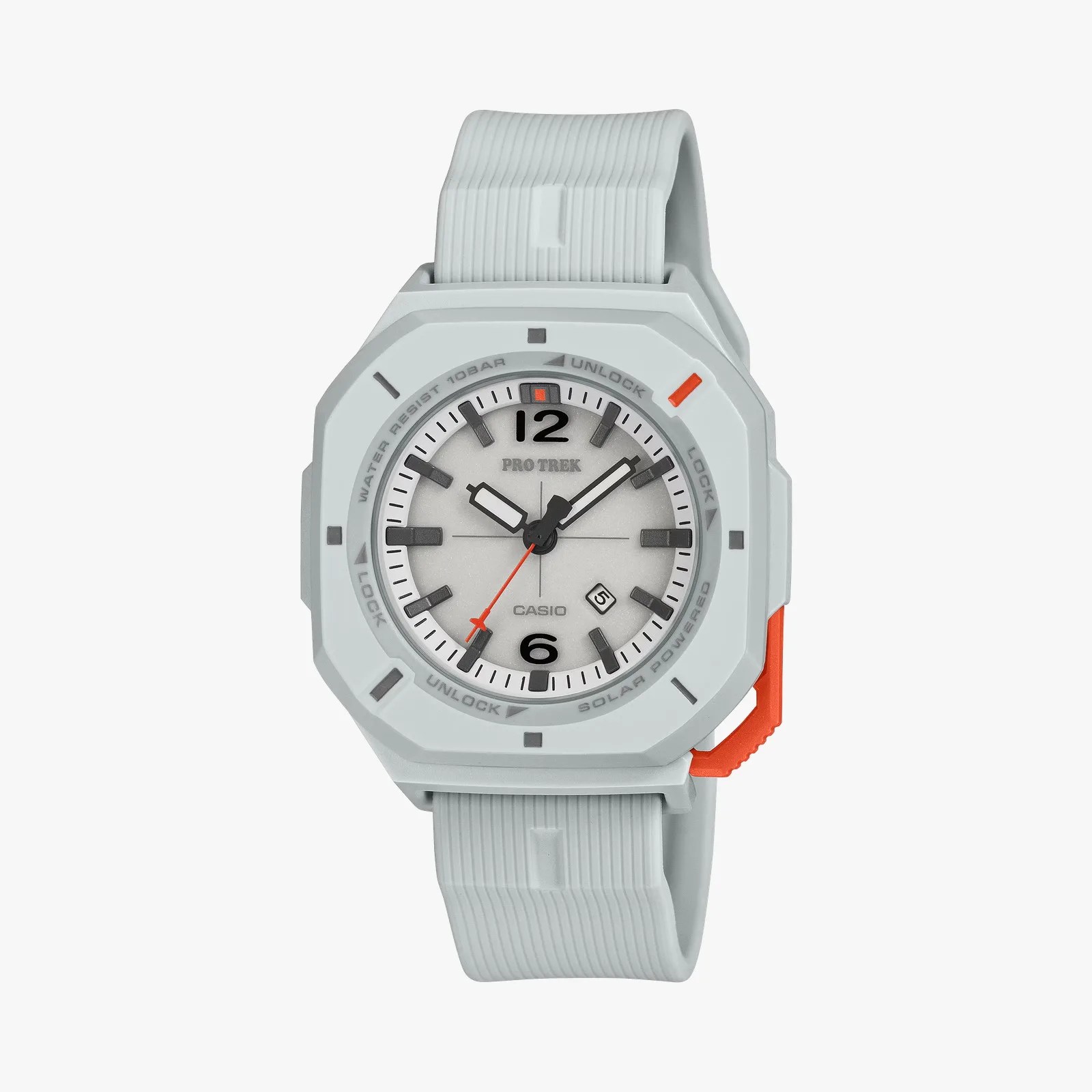 Light gray Casio Pro Trek watch with white dial, black hour markers, and orange accent on the side button.