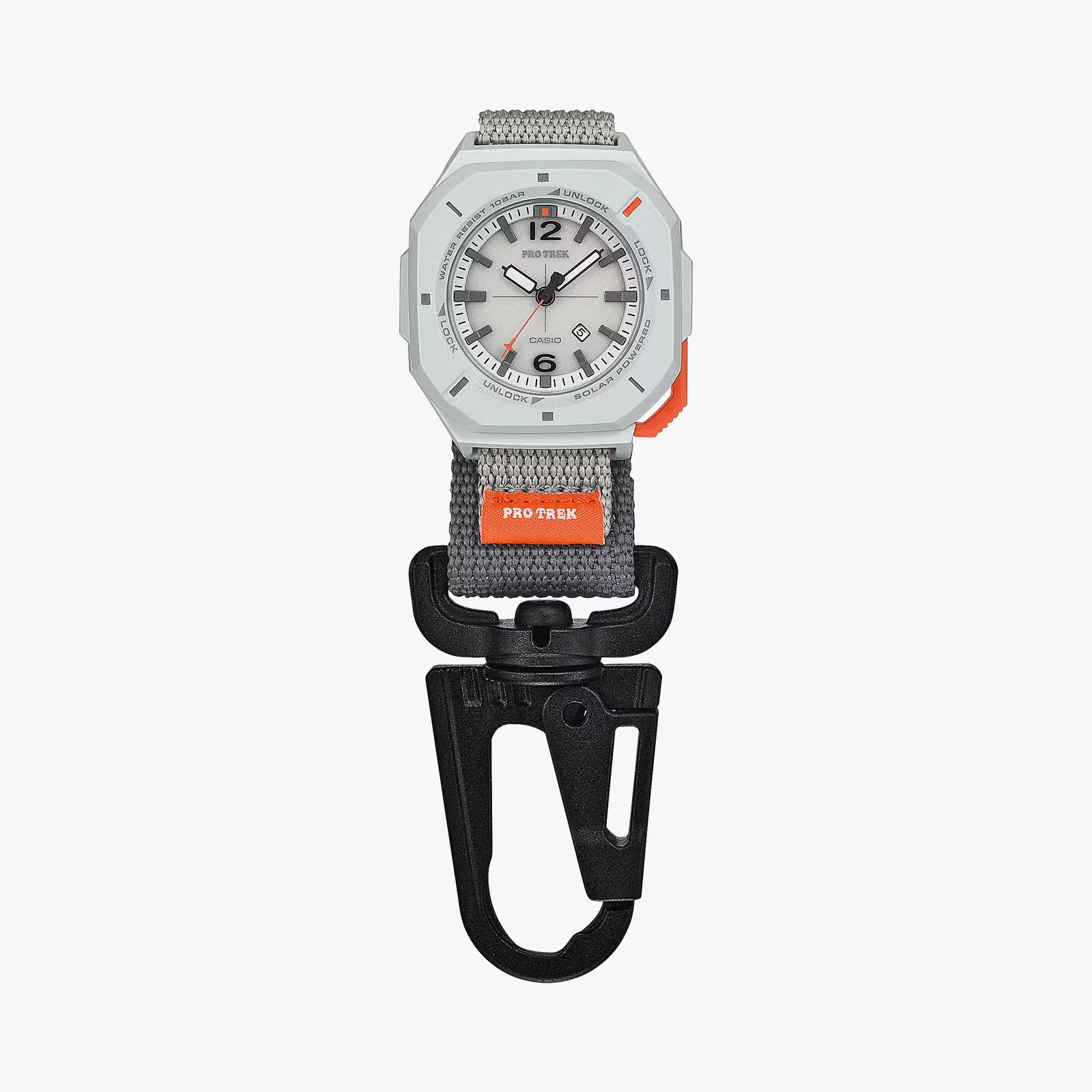 Gray Casio Pro Trek watch with white dial, orange accents, gray fabric strap, and black carabiner clip.