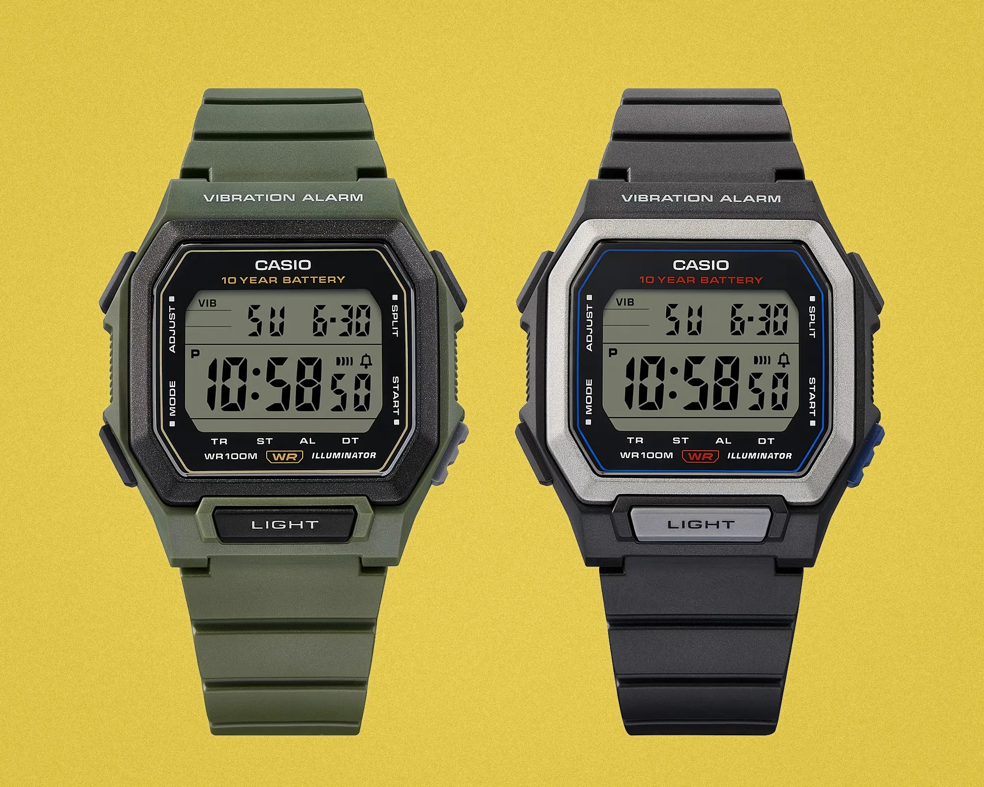 Two Casio digital watches side by side, one with an olive green strap and black bezel, the other with a black strap and silver bezel, both showing 10:58:50.