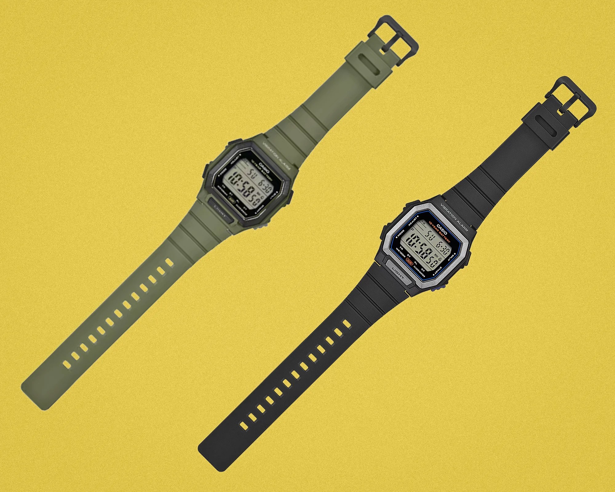 Two Casio digital watches, one with an olive green strap and one with a black strap, on a yellow background.